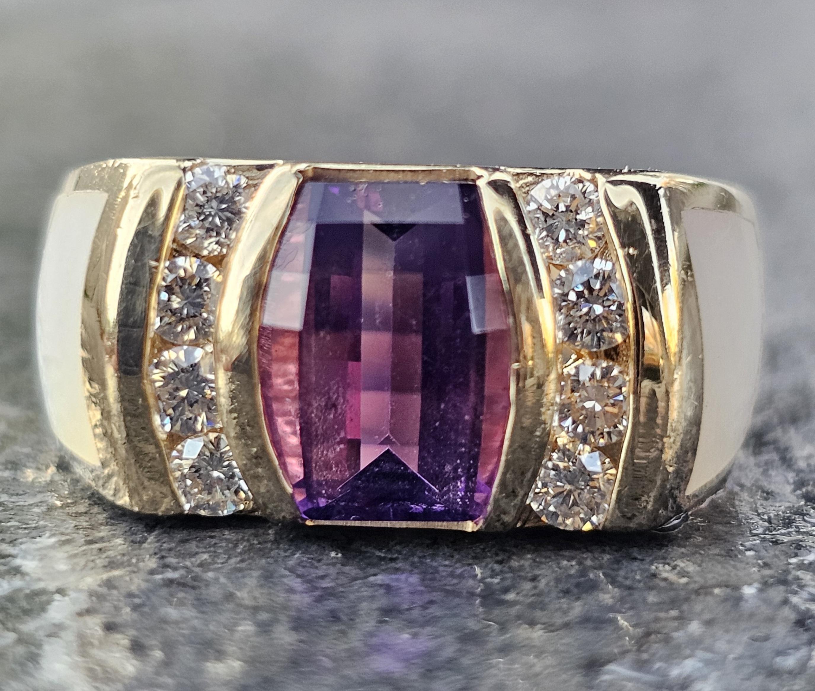 Kabana Anillo Amatista Madre Perla Incrustación Anillo Diamante 14k Oro Amarillo 10g sz 6.75 en venta 5