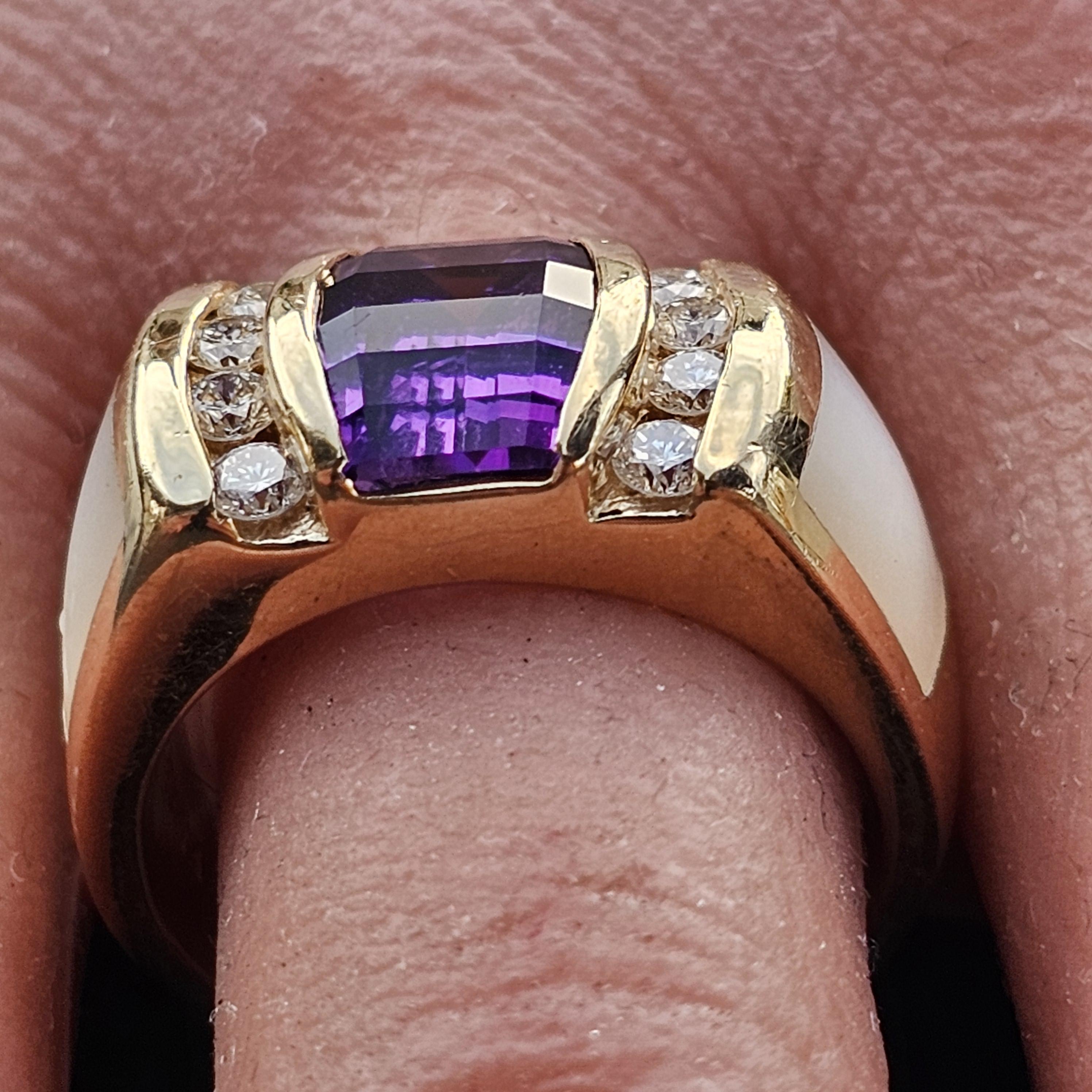 Kabana Anillo Amatista Madre Perla Incrustación Anillo Diamante 14k Oro Amarillo 10g sz 6.75 Corte cuadrado en venta