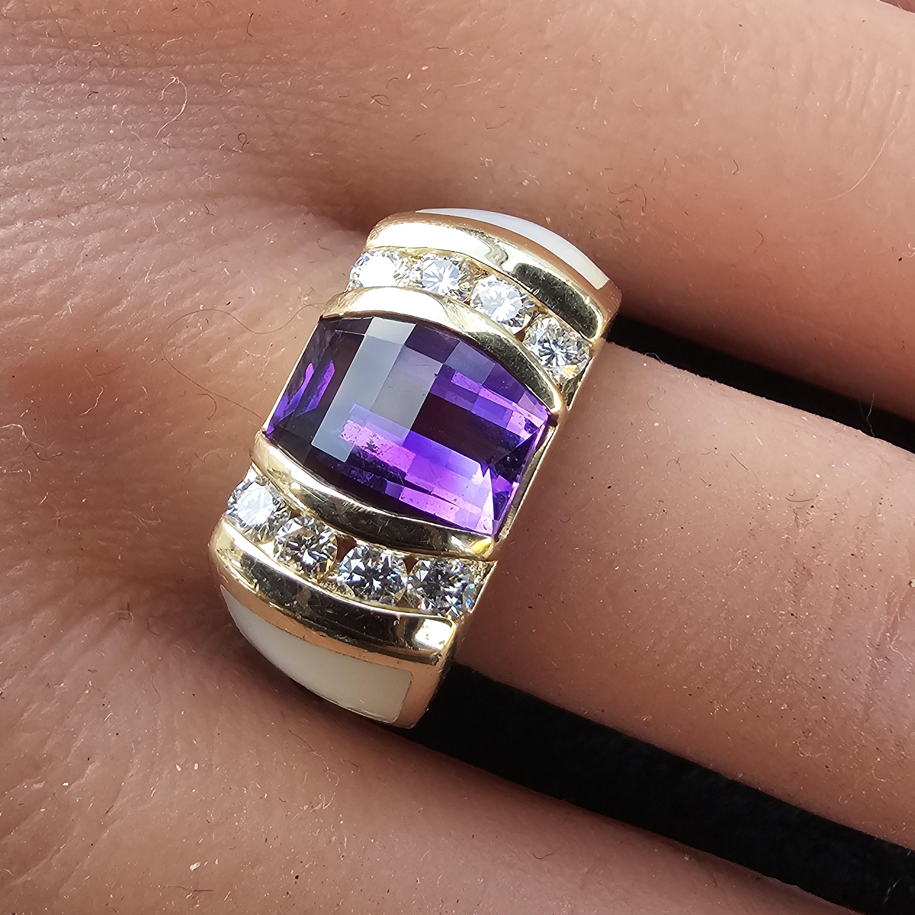 Kabana Anillo Amatista Madre Perla Incrustación Anillo Diamante 14k Oro Amarillo 10g sz 6.75 en Bueno estado para la venta en Northbrook, IL