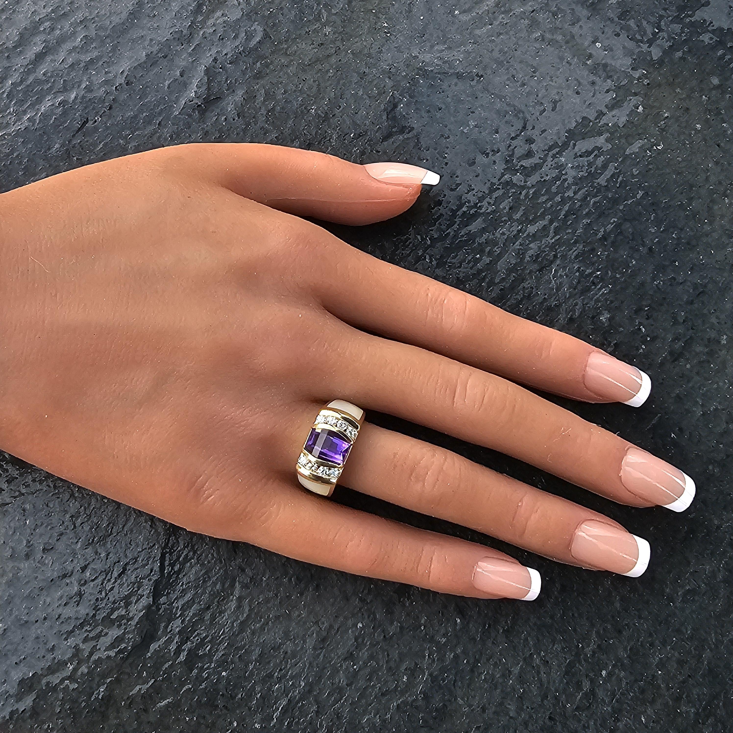 Kabana Anillo Amatista Madre Perla Incrustación Anillo Diamante 14k Oro Amarillo 10g sz 6.75 en venta 1