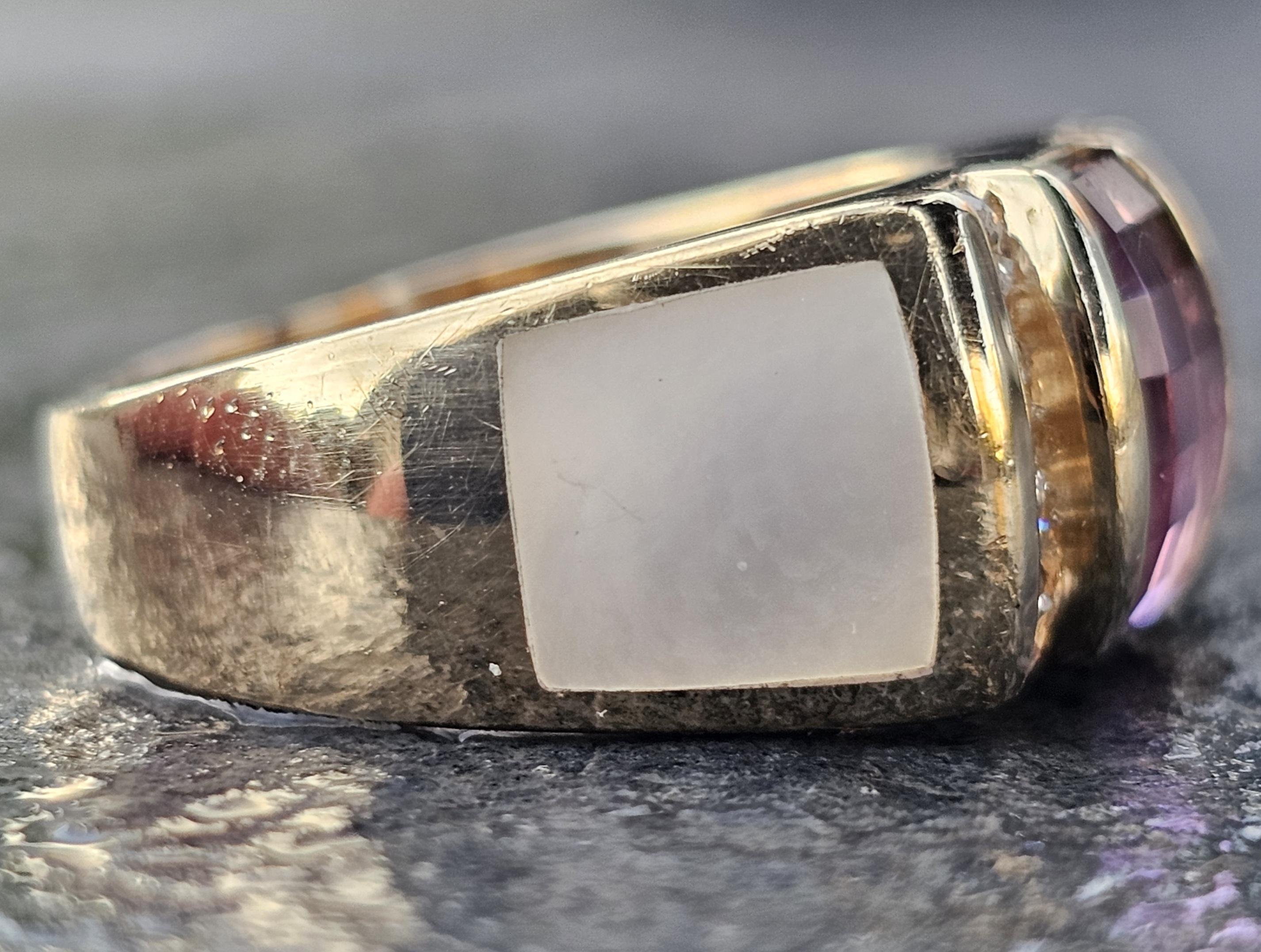 Kabana Anillo Amatista Madre Perla Incrustación Anillo Diamante 14k Oro Amarillo 10g sz 6.75 en venta 2