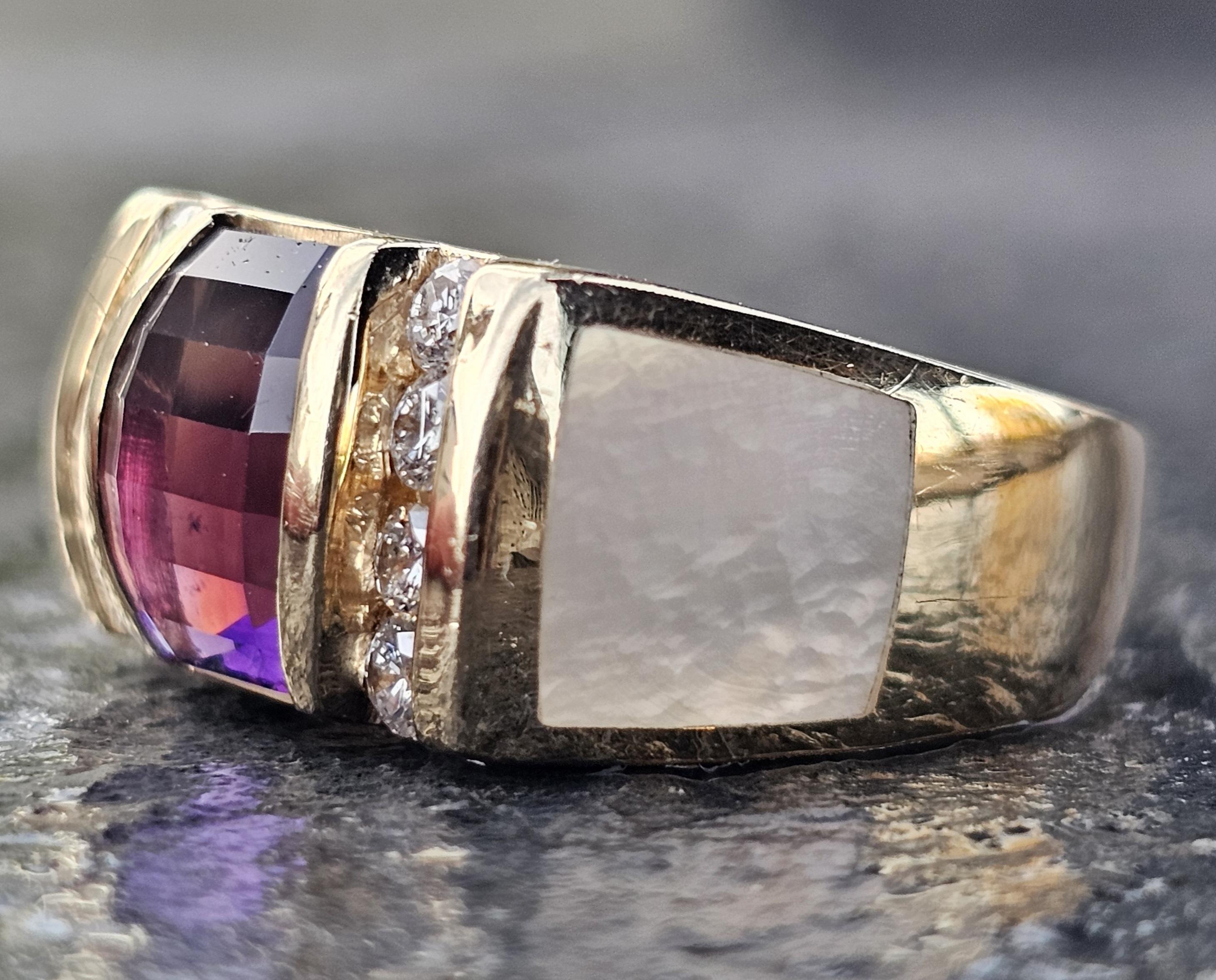 Kabana Anillo Amatista Madre Perla Incrustación Anillo Diamante 14k Oro Amarillo 10g sz 6.75 en venta 4