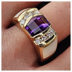 Kabana Ring Amethyst Mother Pearl Inlay Diamond Ring 14k Yellow Gold 10g sz 6.75
