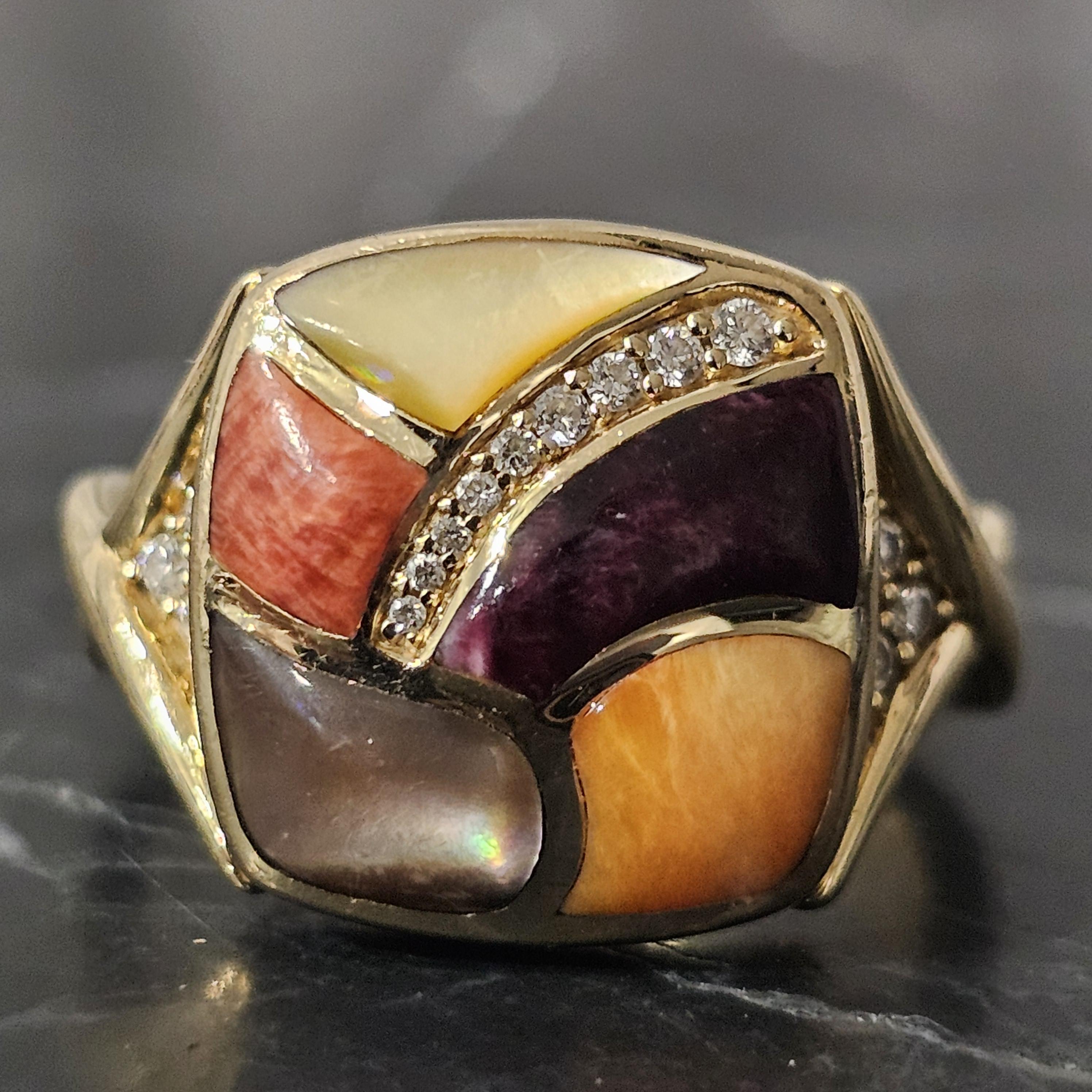 Anello Kabana Ostrica Spinosa Madreperla Diamante Oro Giallo 14k Misura 7 5