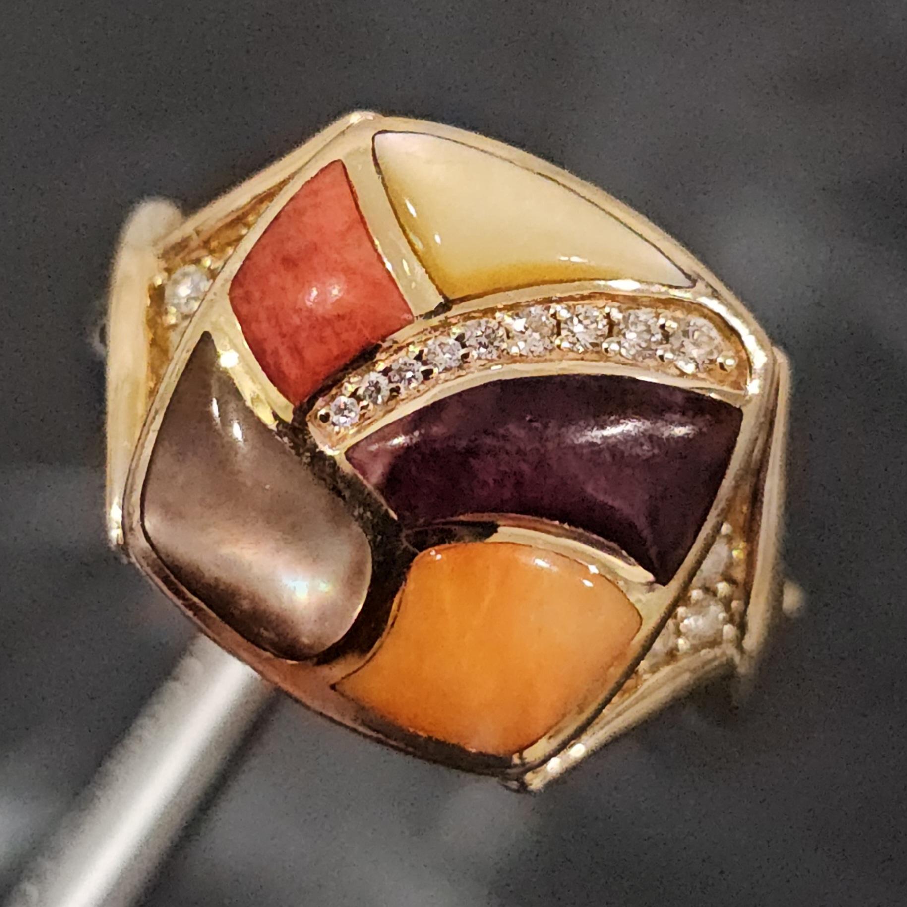 Taglio rotondo Anello Kabana Ostrica Spinosa Madreperla Diamante Oro Giallo 14k Misura 7