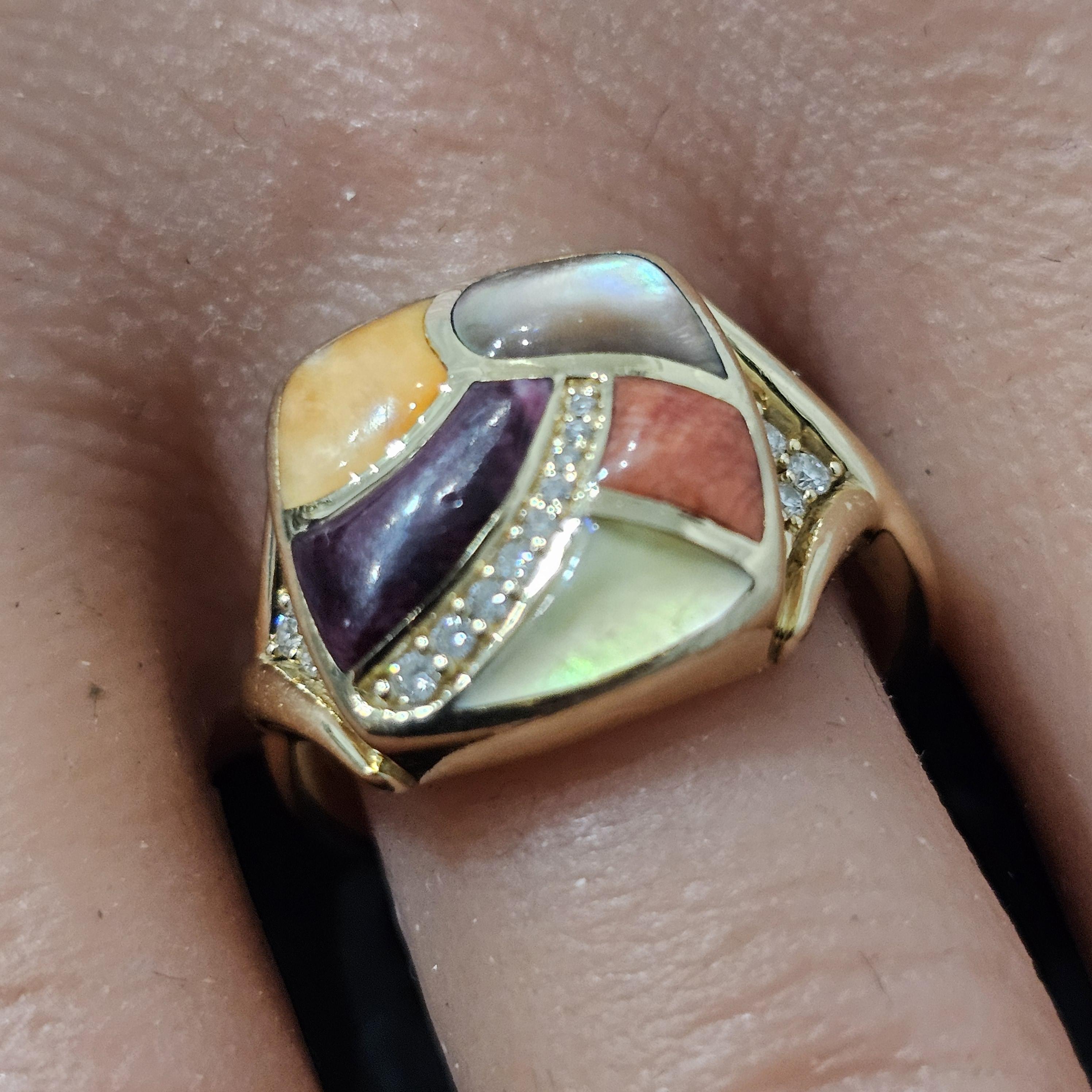 Anello Kabana Ostrica Spinosa Madreperla Diamante Oro Giallo 14k Misura 7 In condizioni buone a Northbrook, IL
