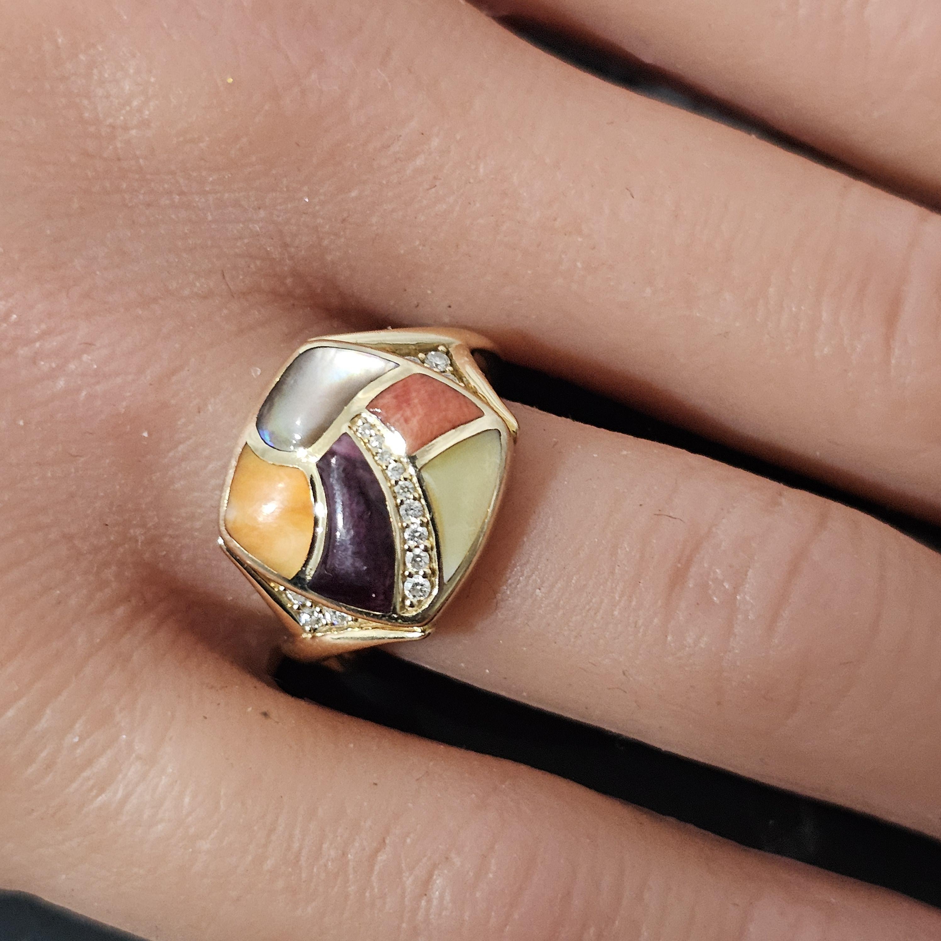 Donna Anello Kabana Ostrica Spinosa Madreperla Diamante Oro Giallo 14k Misura 7