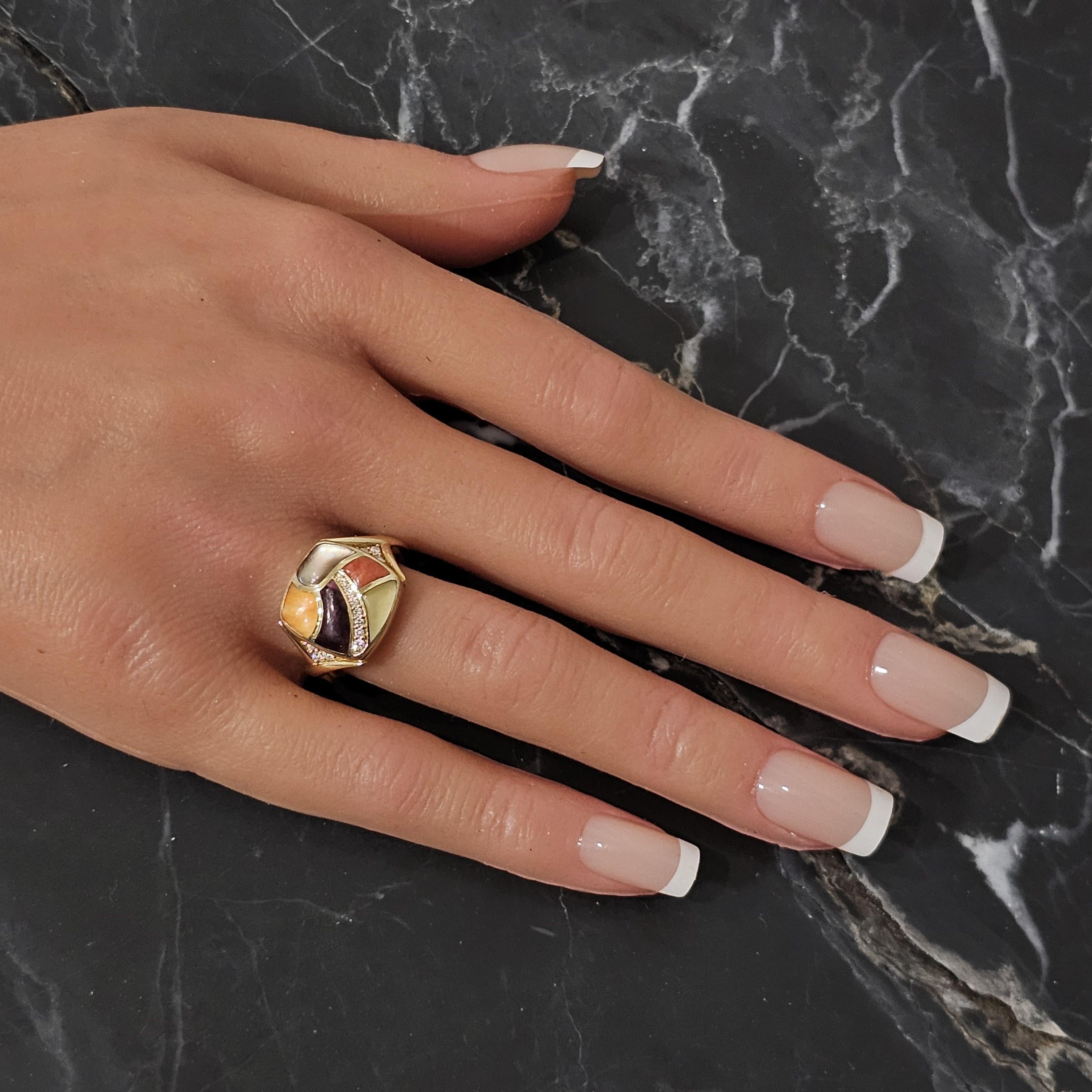 Anello Kabana Ostrica Spinosa Madreperla Diamante Oro Giallo 14k Misura 7 1