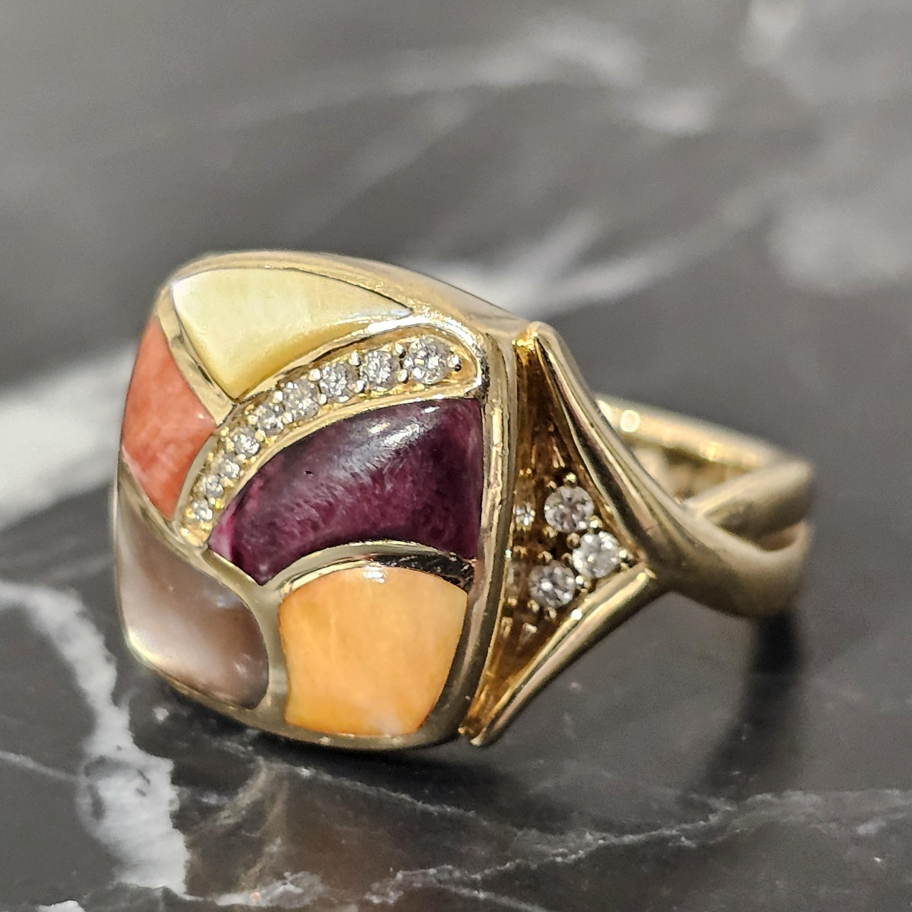 Anello Kabana Ostrica Spinosa Madreperla Diamante Oro Giallo 14k Misura 7 4