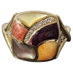 Anello Kabana Ostrica Spinosa Madreperla Diamante Oro Giallo 14k Misura 7