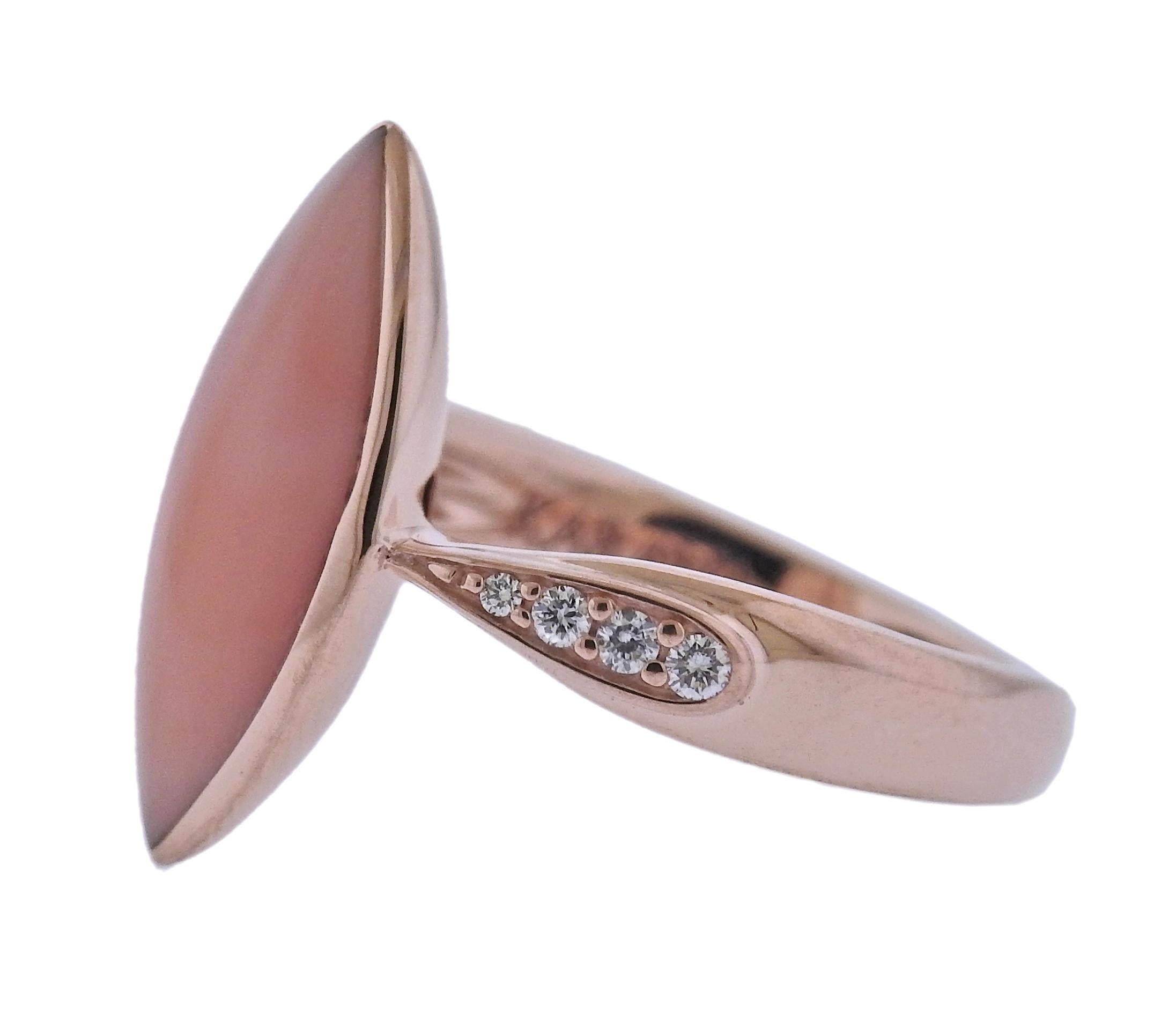 14k rose gold ring, with coral and 0.07ctw H/VS diamonds. Comes with Guarantee card. All Kabana jewelry is brand new. Ring size 7, top of the ring -  19mm x 10mm. Weight - 6.5 grams. Marked: Kabana, 14k USA.