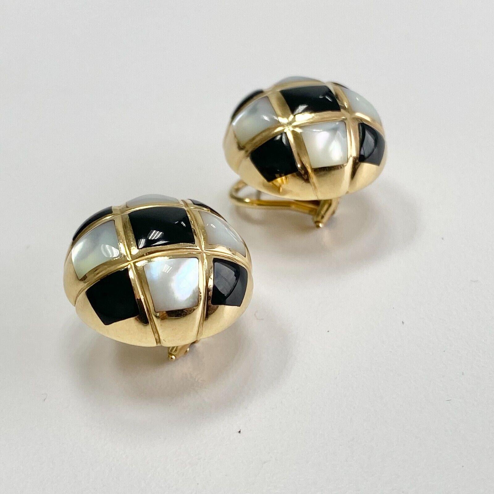 Contemporary Kabana Round Black Onyx & Mother of Pearl Clip Earrings in 14k Yellow Gold For Sale