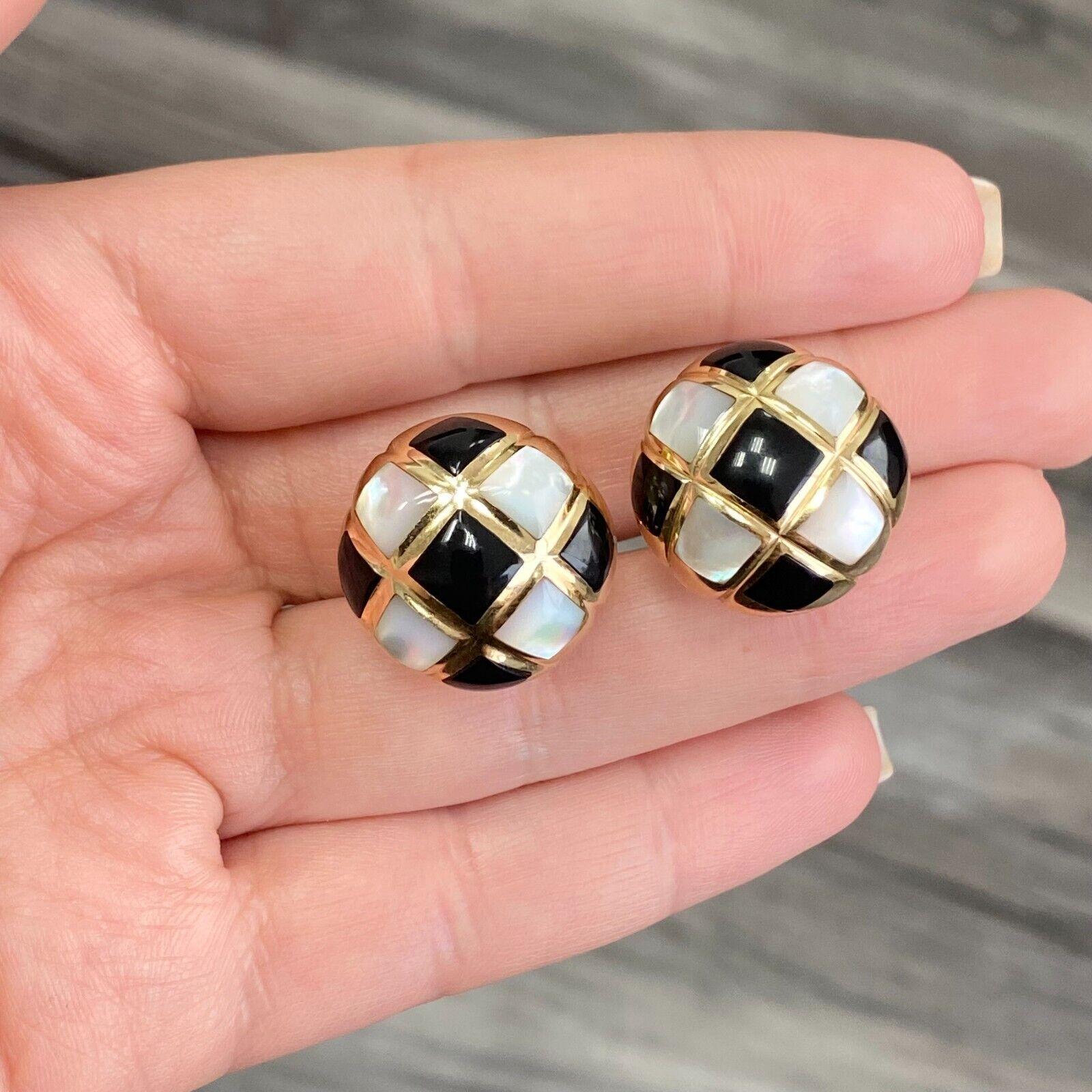 Cabochon Kabana Round Black Onyx & Mother of Pearl Clip Earrings in 14k Yellow Gold For Sale