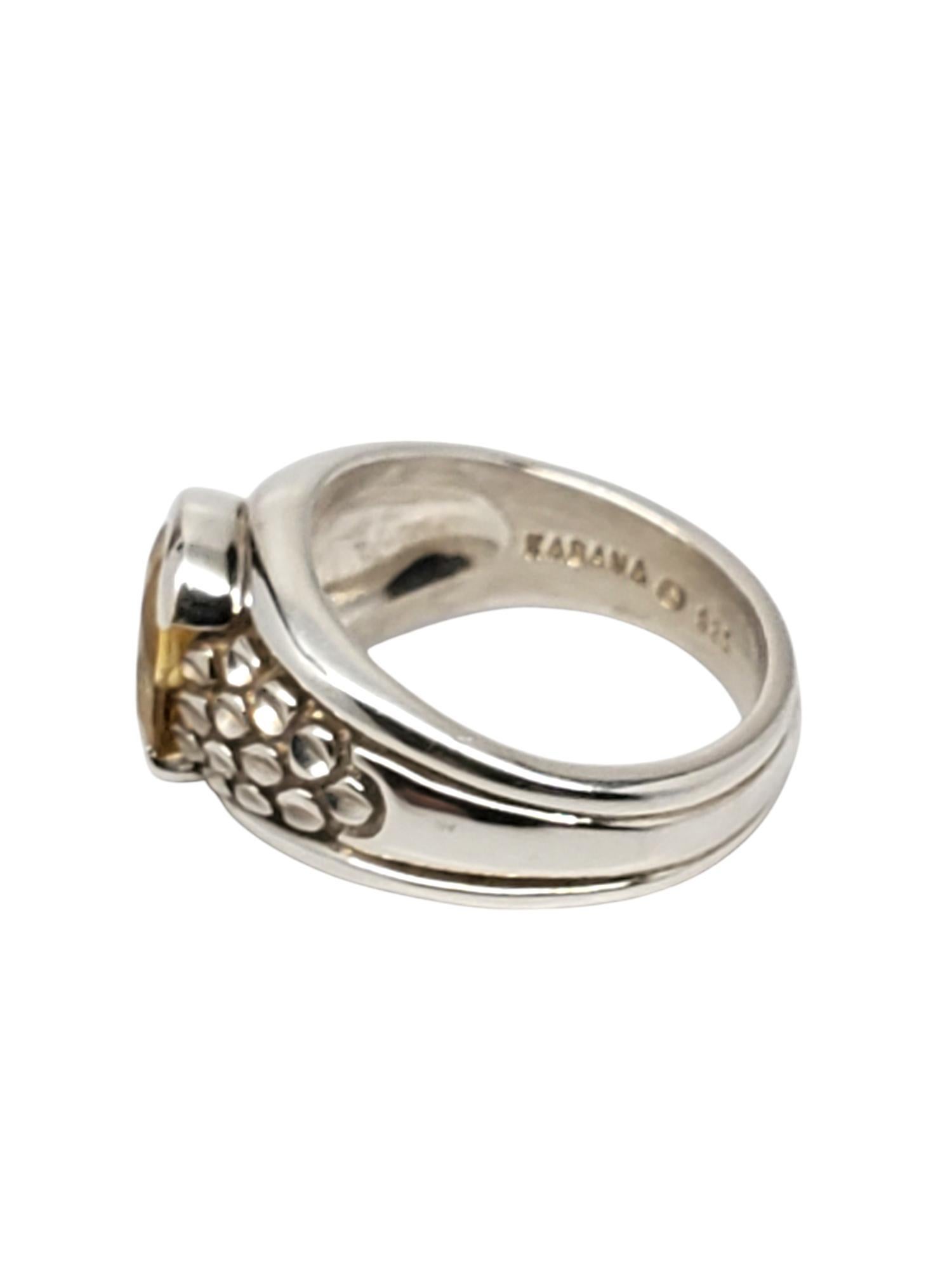 Kabana Sterling Silber Oval Citrin & CZ Ring -

Dieser Vintage-Ring besteht aus einem oval geschliffenen Citrin (8,8 mm x 7,9 mm) mit CZ-Akzentsteinen in Sterlingsilber von Kabana.

Schaft: 4,70 mm

Größe: 6,75

Gestempelt: KABANA 925

Gewicht: 5,0