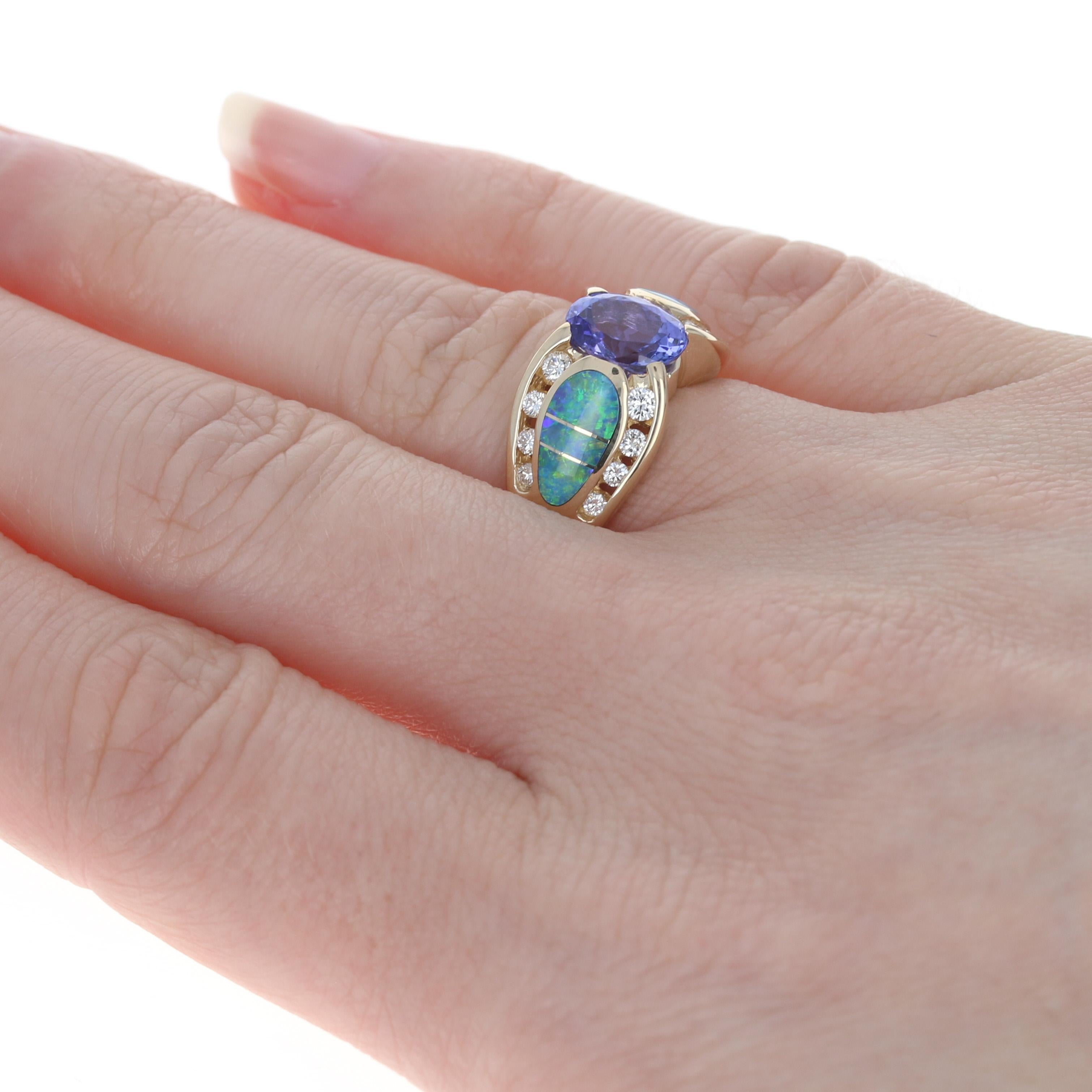 Kabana Tanzanite, Opal Inlay, & Diamond Ring Yellow Gold, 14k Oval 1.94ctw In New Condition In Greensboro, NC