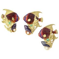 Kabana Boucles d'oreilles et pendentifs tropicaux en or 18 carats, diamants et perles percées de 0,27 carat