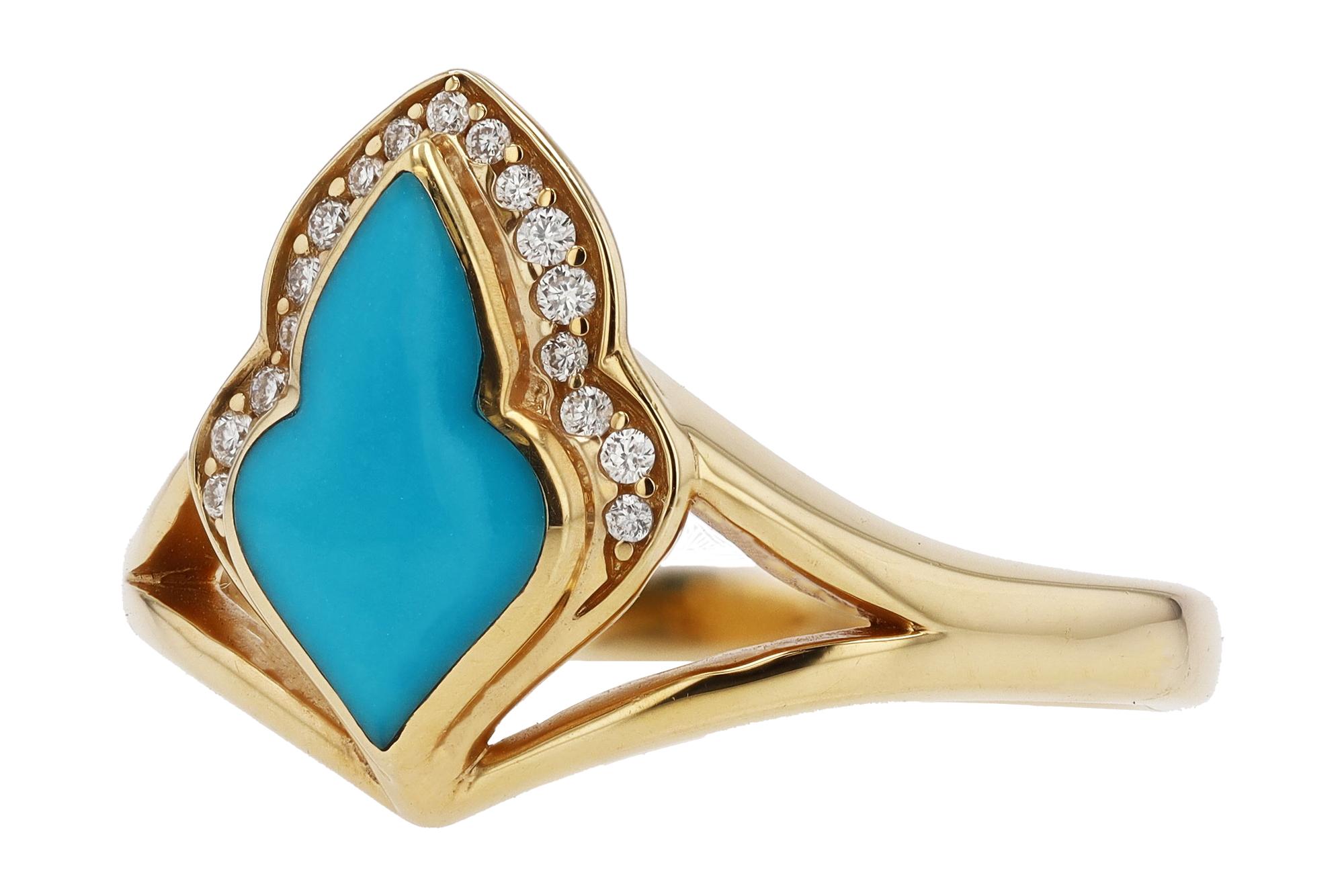 Artisan Kabana Turquoise and Diamond 14k Gold Ladies Ring For Sale