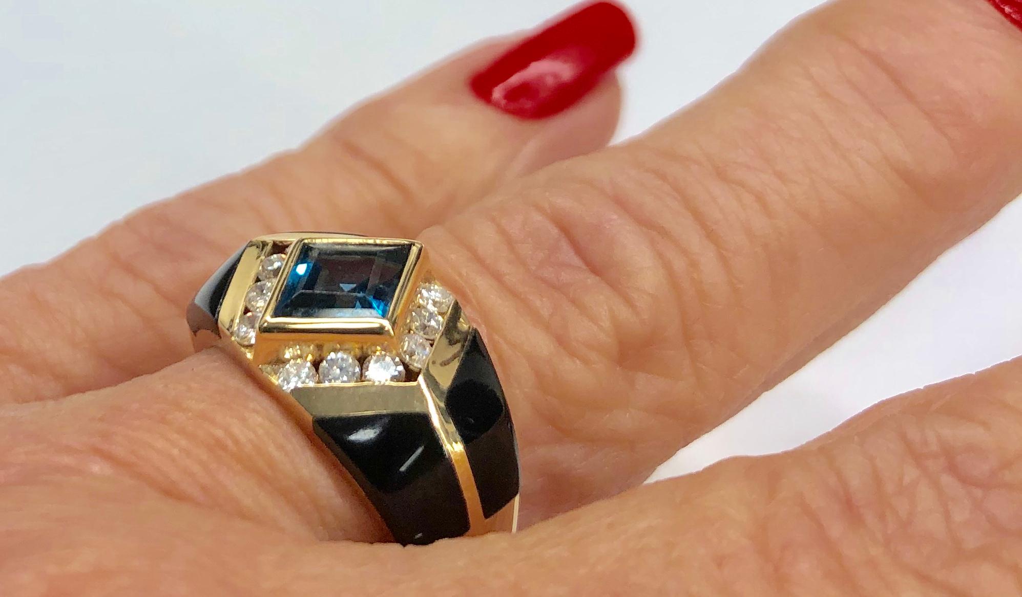 Mixed Cut Kabana 14K Gold Blue Topaz Onyx and Diamond Ring