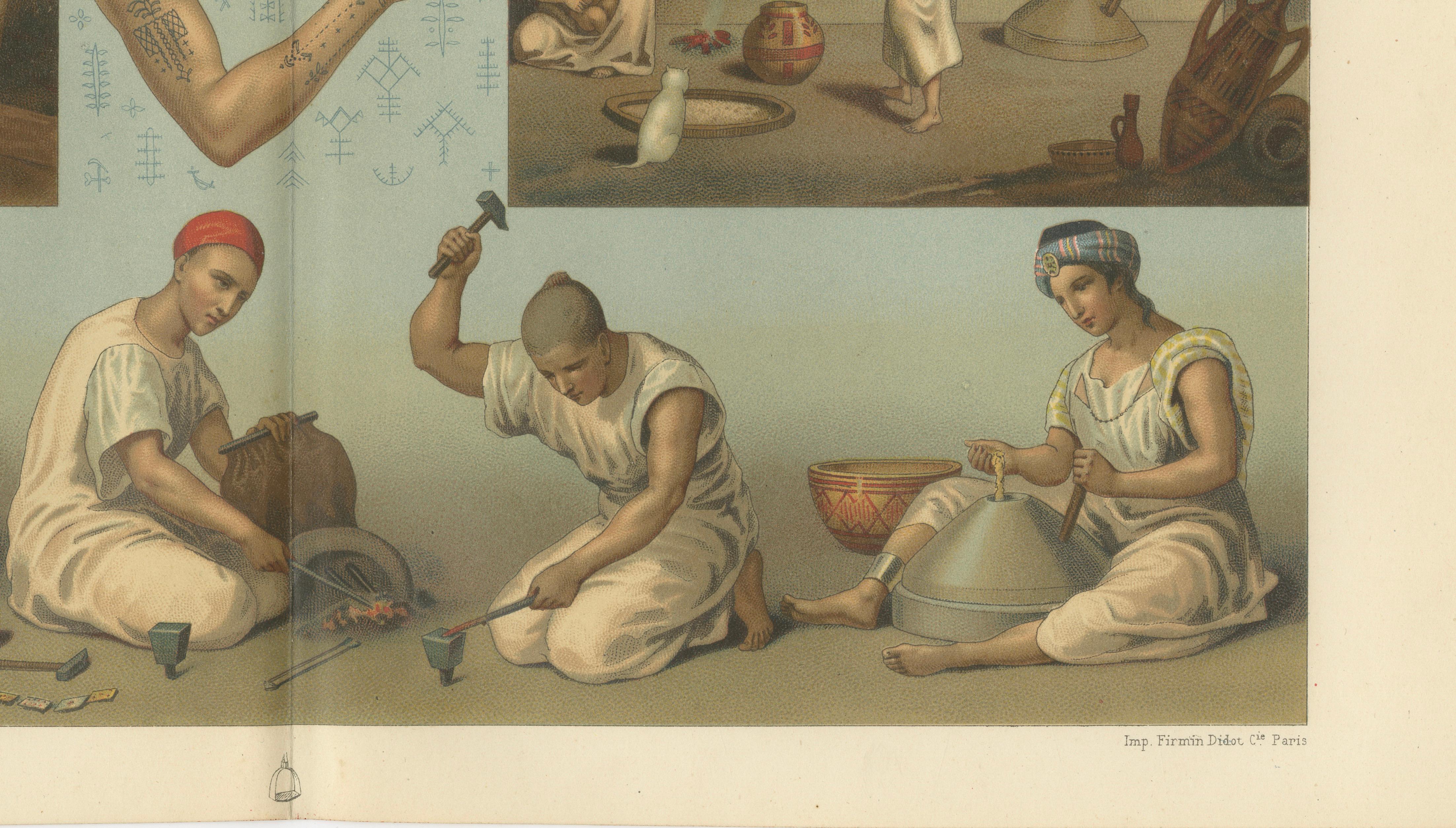 Kabyle Interior & Craft Scenes Algeria, Racinet Afrique Chromolithograph, 1888