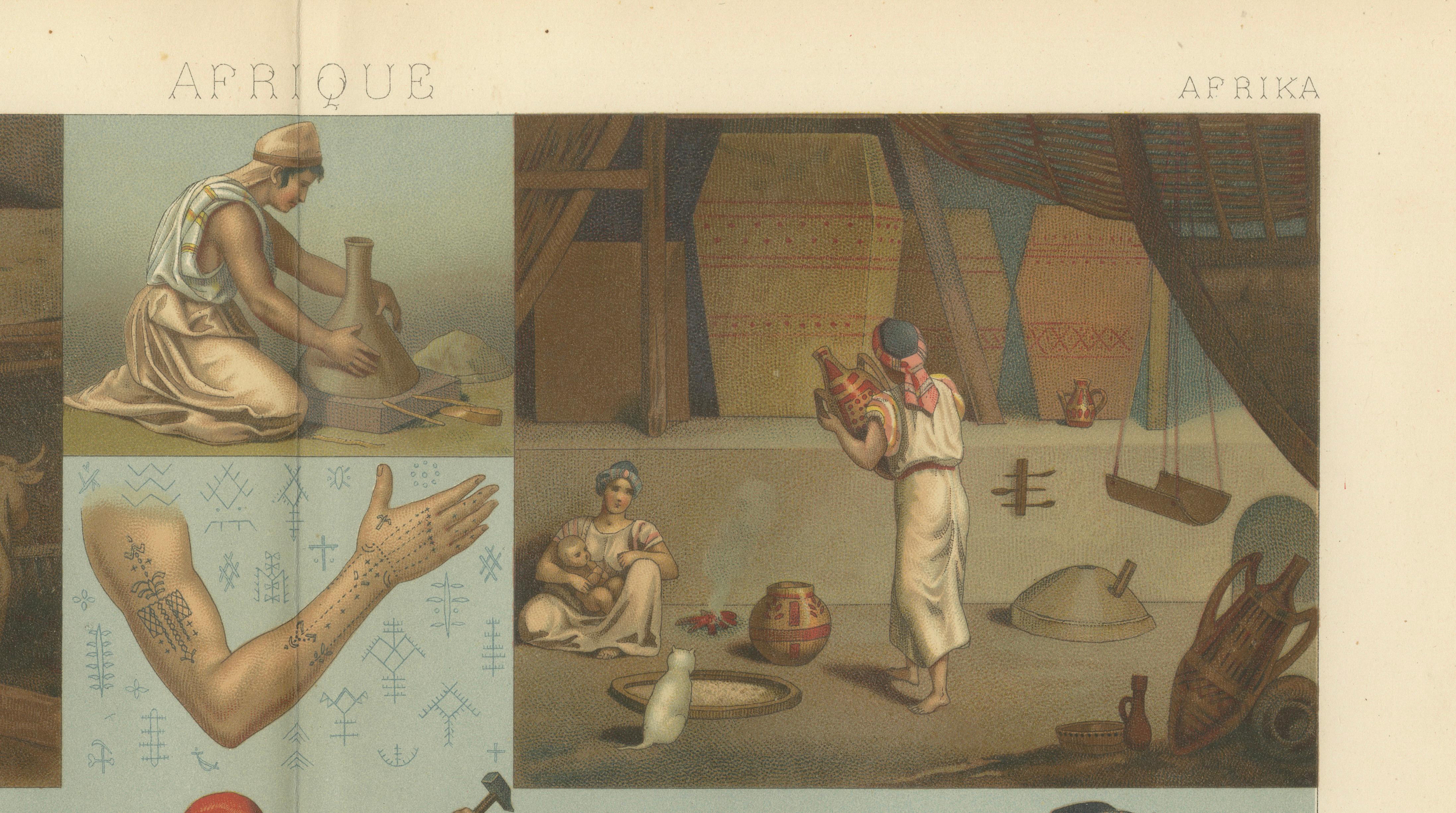 Kabyle Interior & Craft Scenes Algeria, Racinet Afrique Chromolithograph, 1888