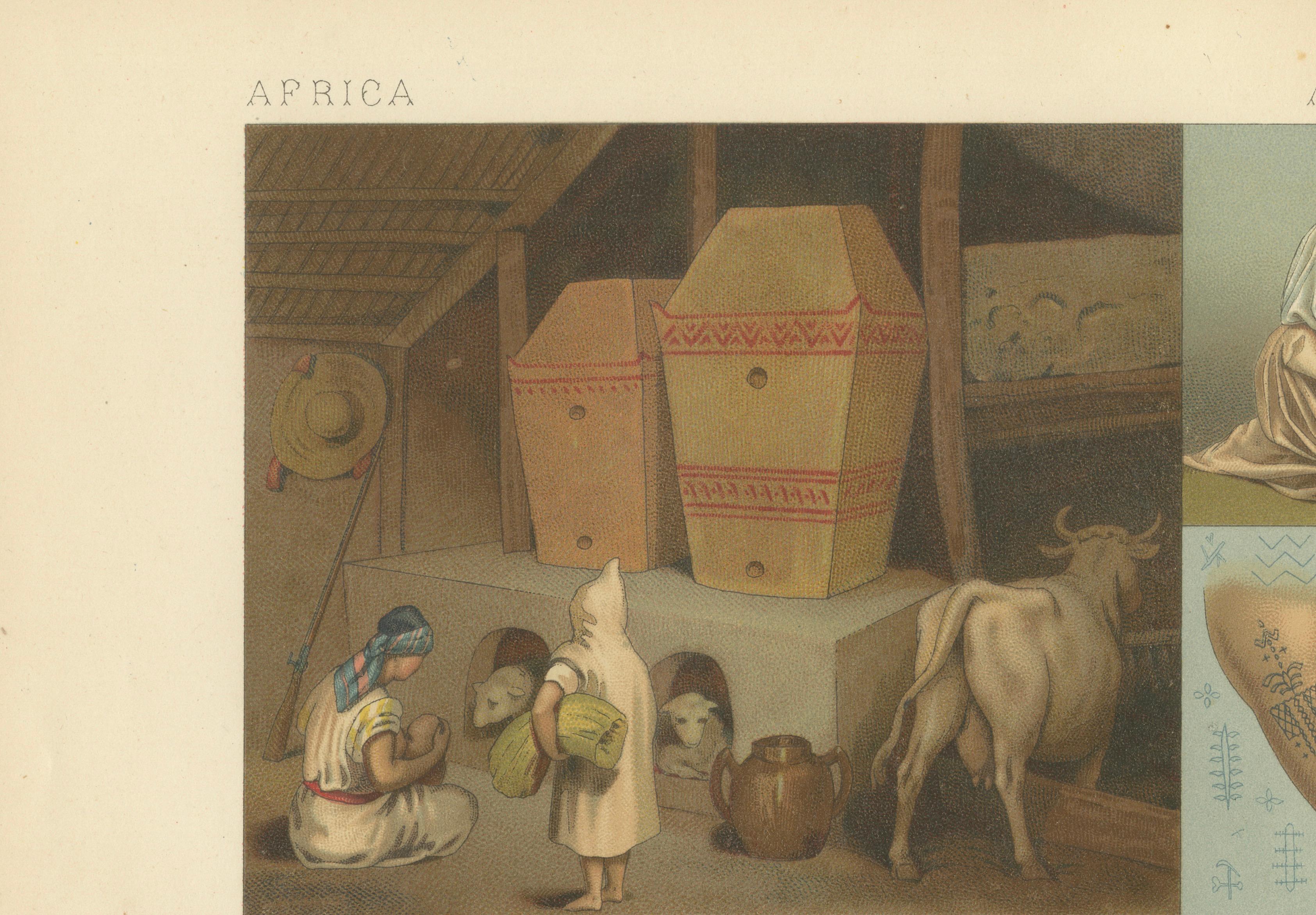Kabyle Interior & Craft Scenes Algeria, Racinet Afrique Chromolithograph, 1888