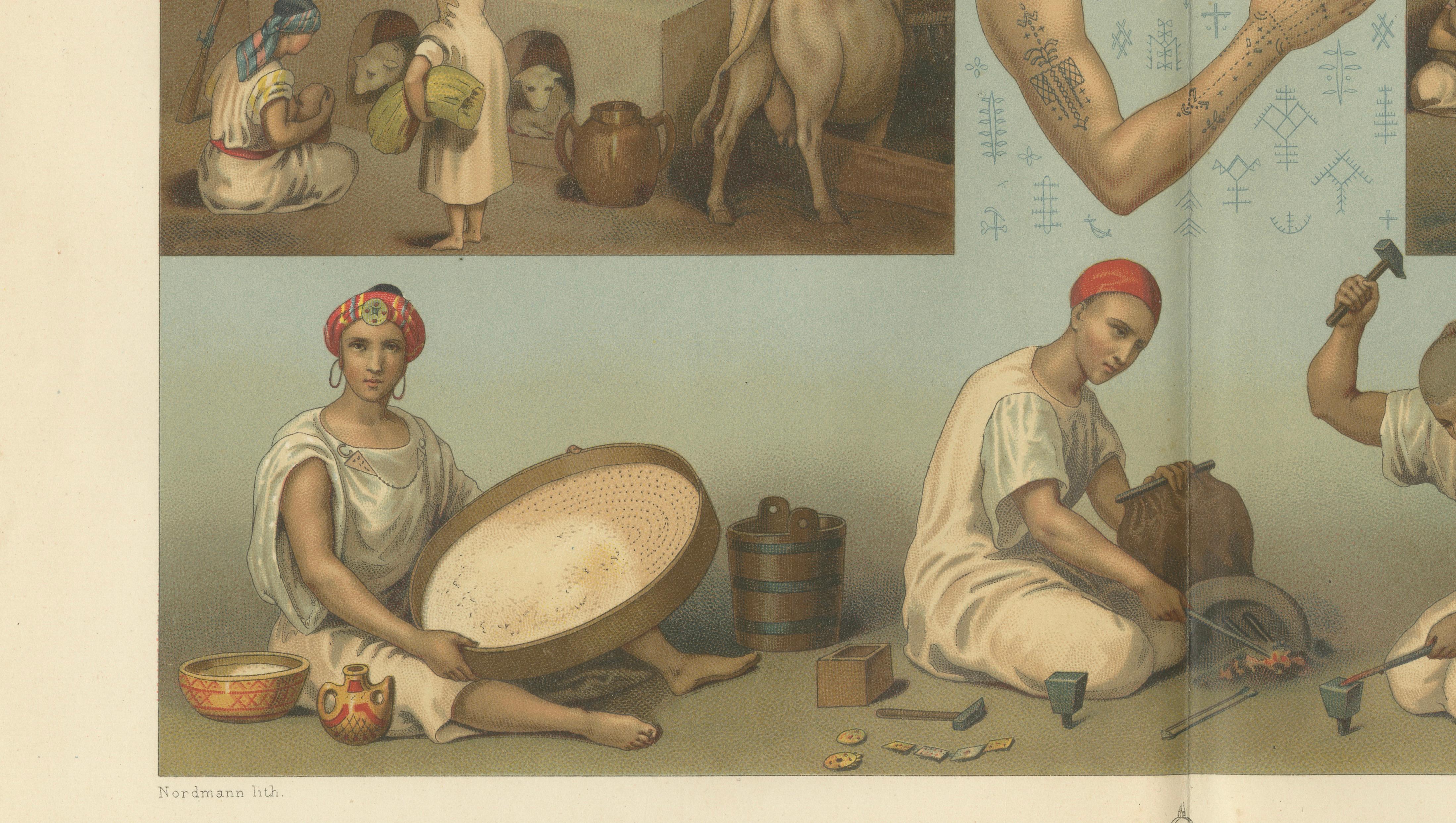 Kabyle Interior & Craft Scenes Algeria, Racinet Afrique Chromolithograph, 1888