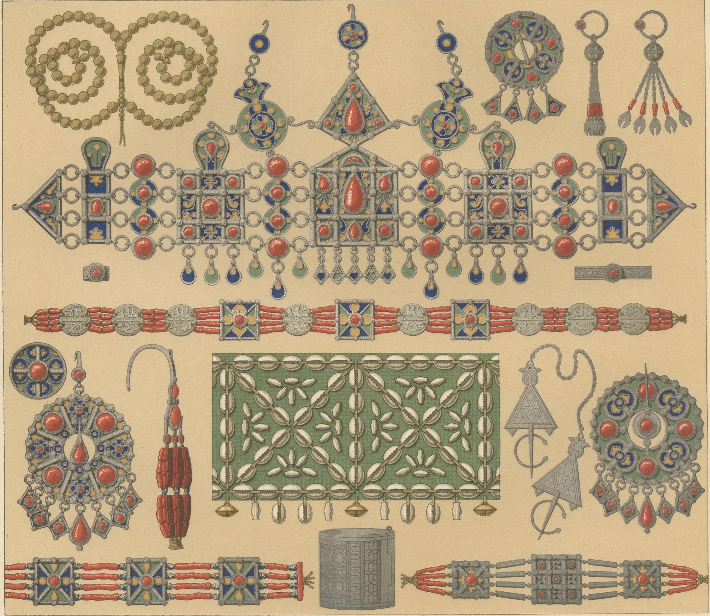Kabyle Jewelry from Algeria, Racinet Afrique Chromolithograph, 1888