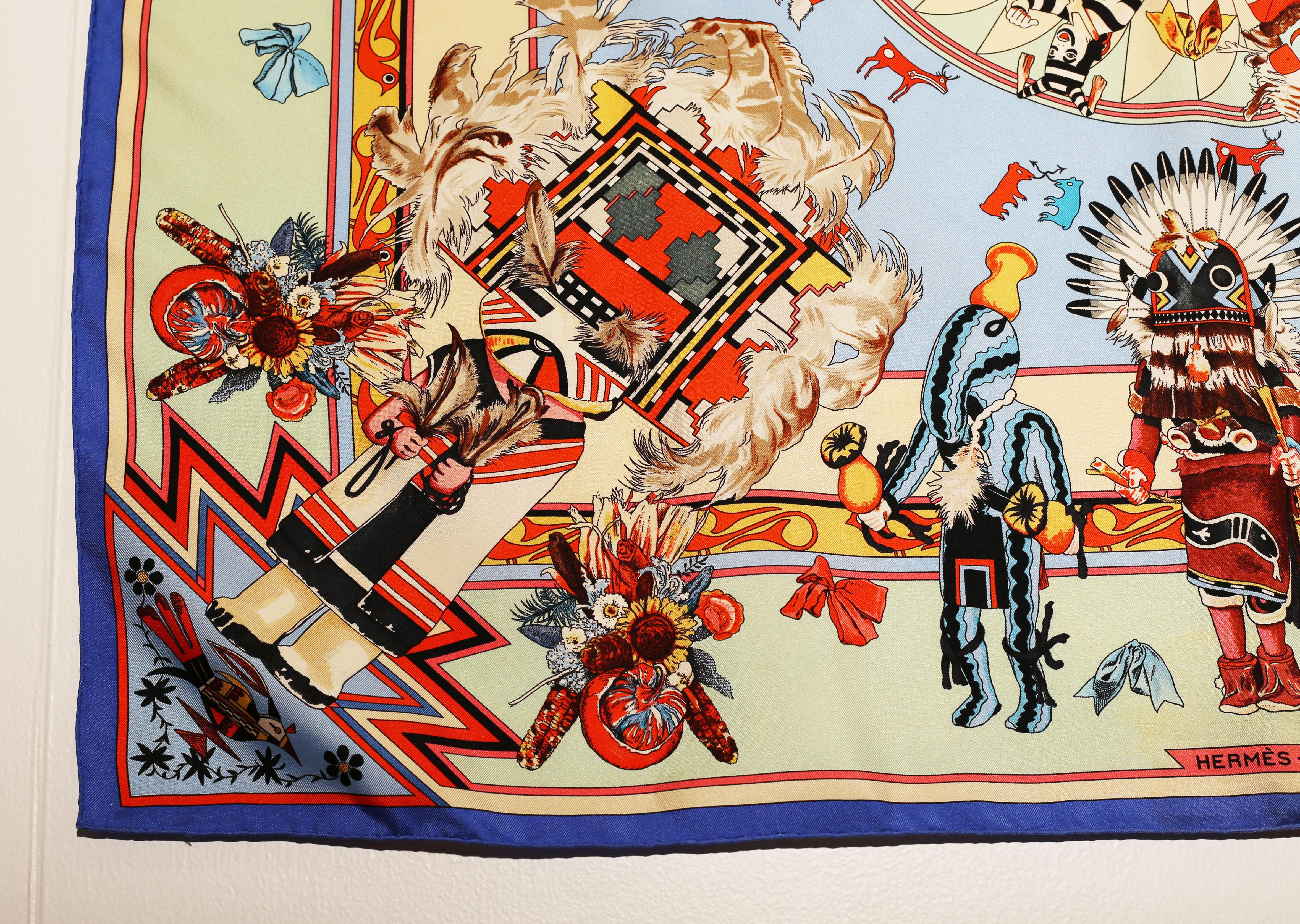 Beige Foulard Kachinas Hermes carré di Kermit Oliver 1992