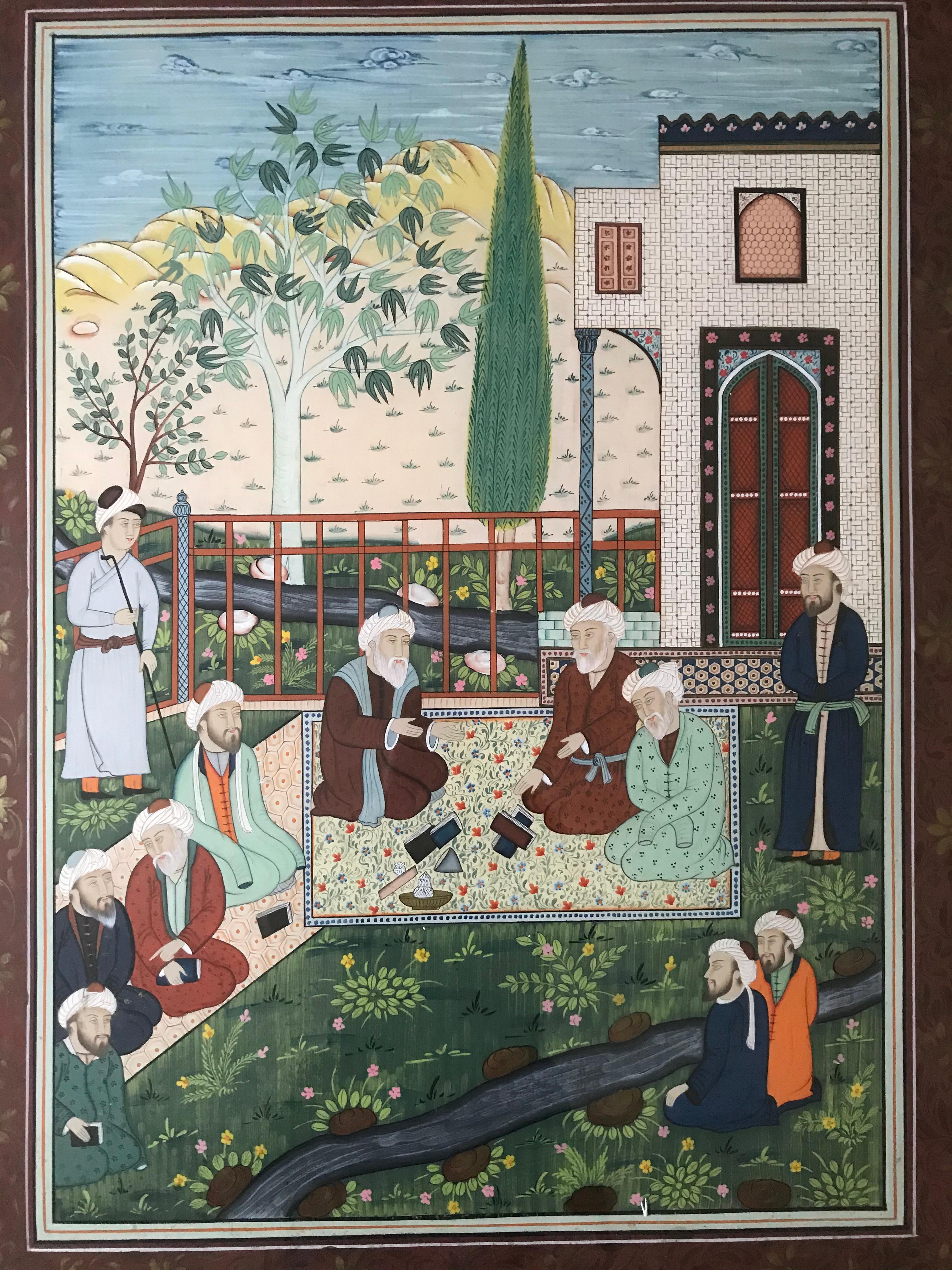 Persian Kadjar School Painting « Assembly of Scholars » Islamic Art Late 19th Century