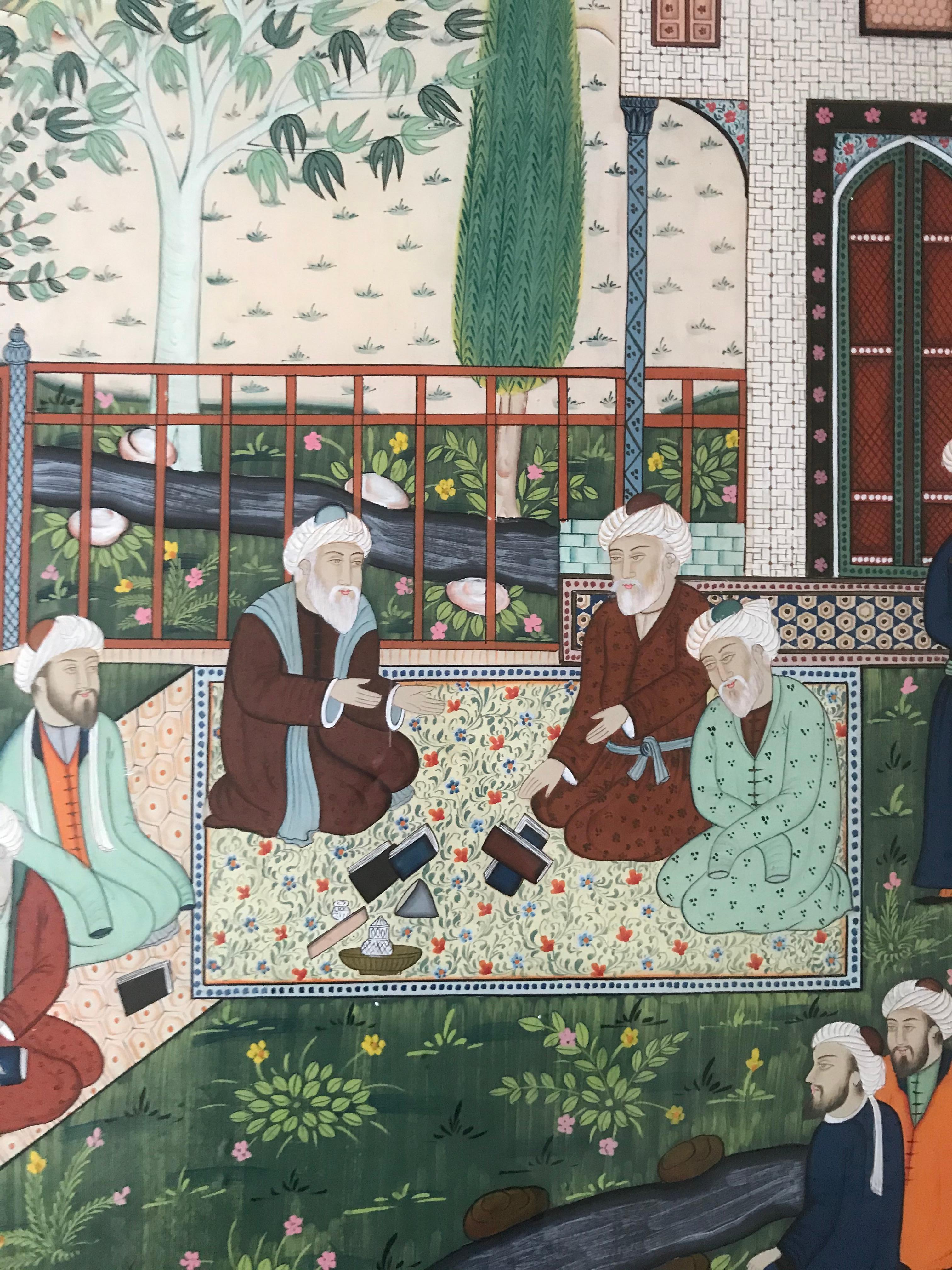 Persian Kadjar School Painting « Assembly of Scholars » Islamic Art Late 19th Century