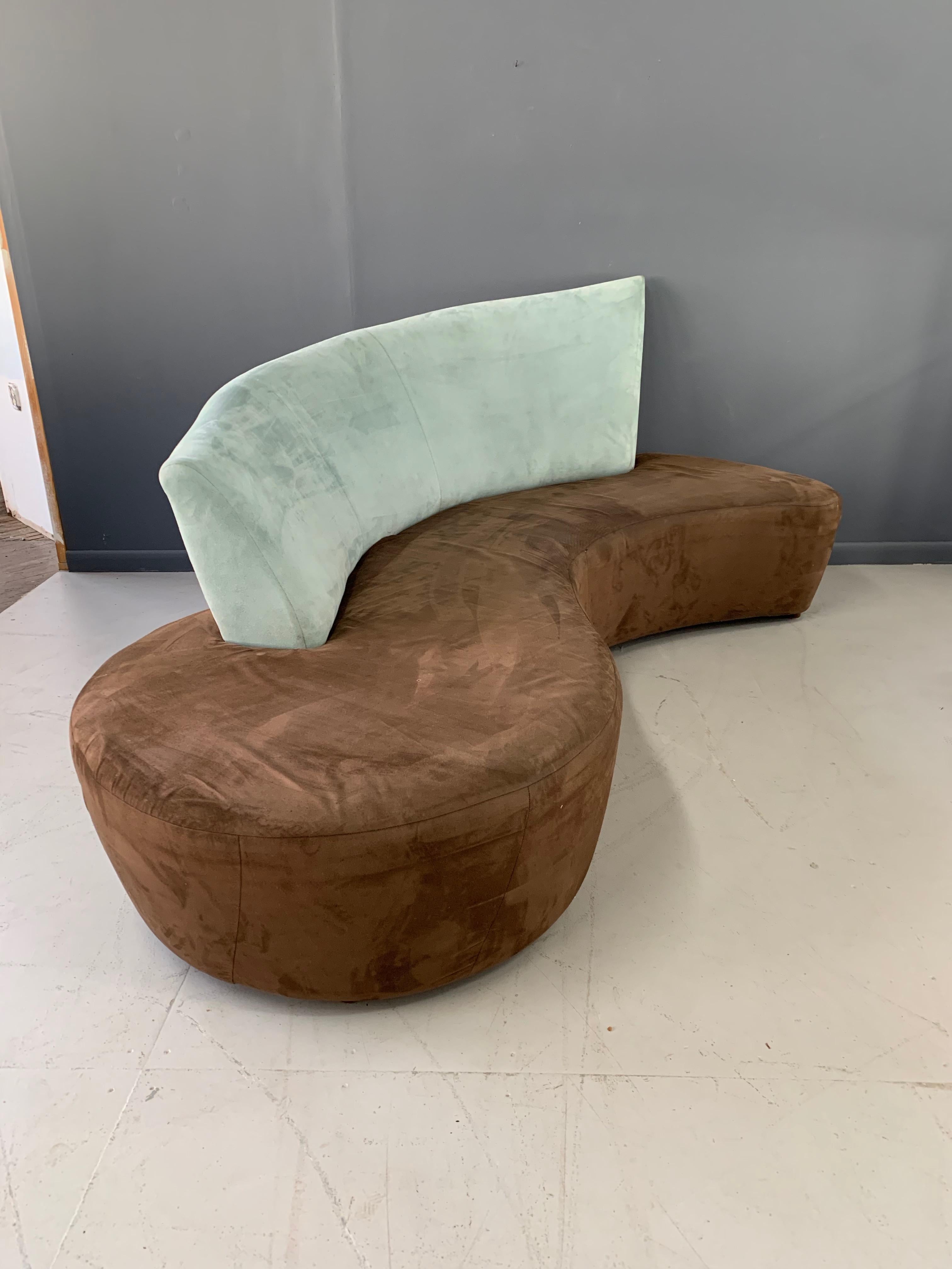 This sofa has a wonderful Postmodern look.

The fabric on this sofa is worn and re-upholstery is warranted, ship us your fabric and we will upholster this sofa for $750.