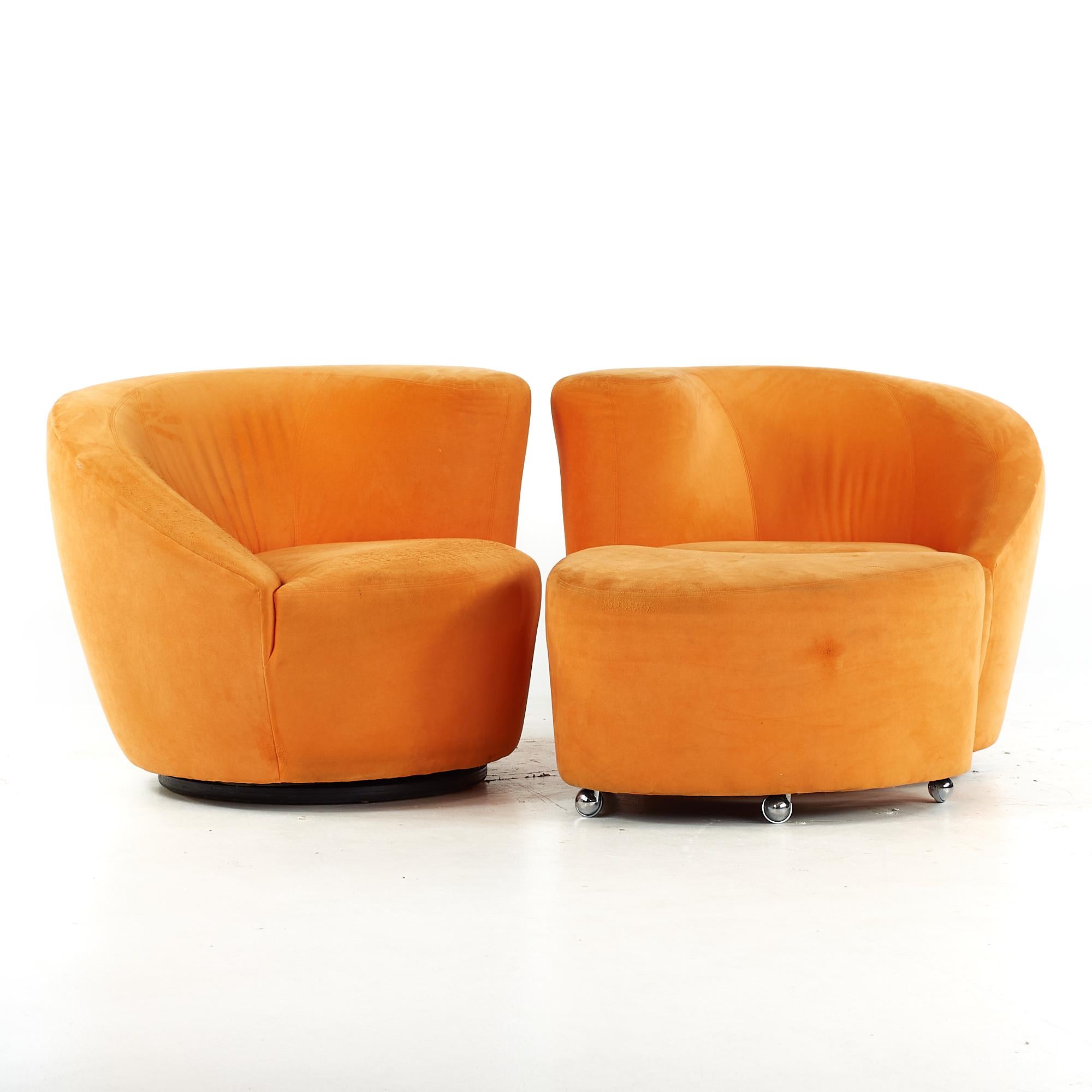 Vladimir Kagan for Directional midcentury lounge chairs with ottoman - pair

Each chair measures: 35.25 wide x 35.25 deep x 28.25 high, with a seat height of 17 inches and arm height/chair clearance of 23 inches

All pieces of furniture can be