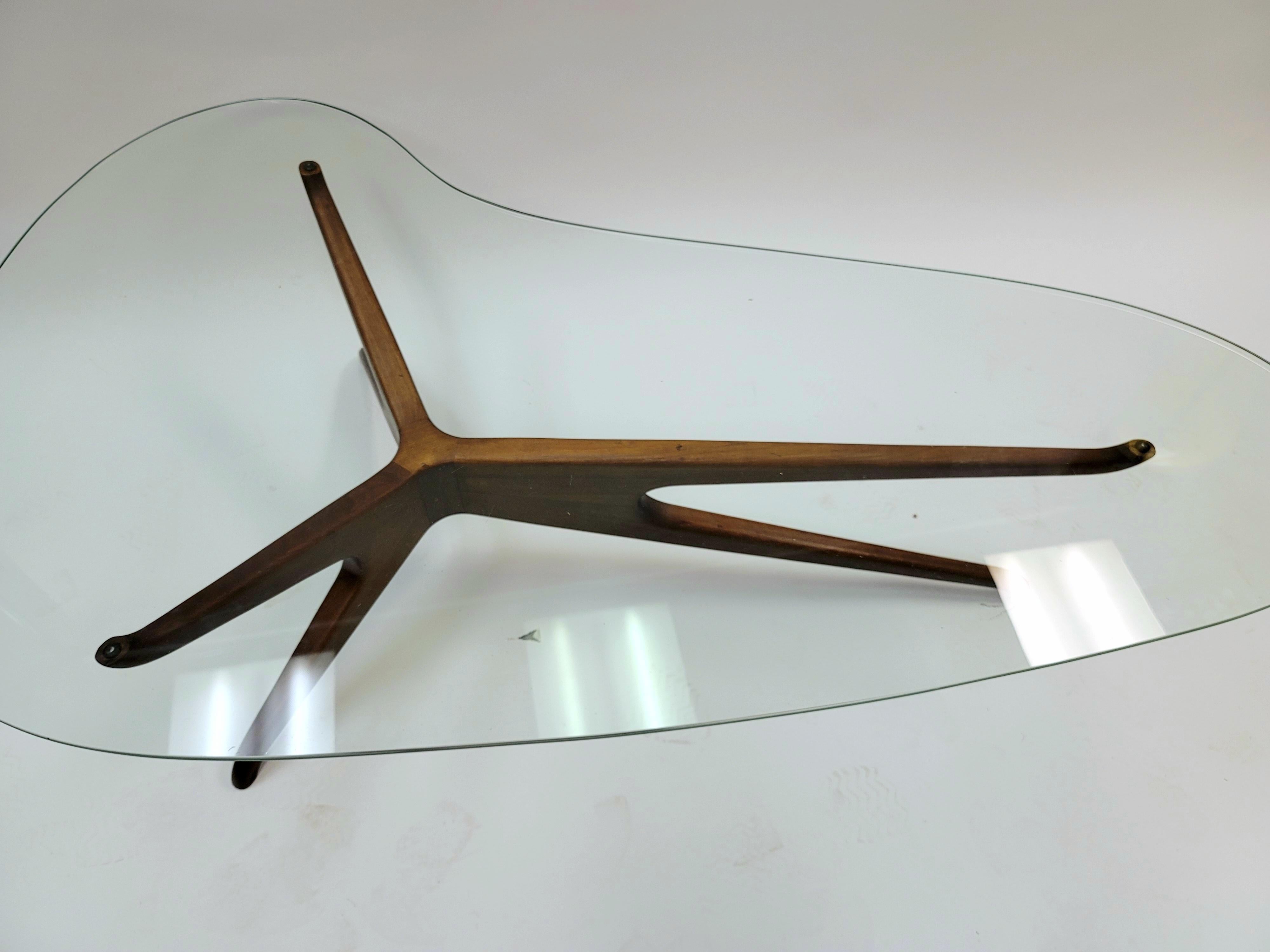 Walnut Wood and Glass Trisymmetric Coffee Table