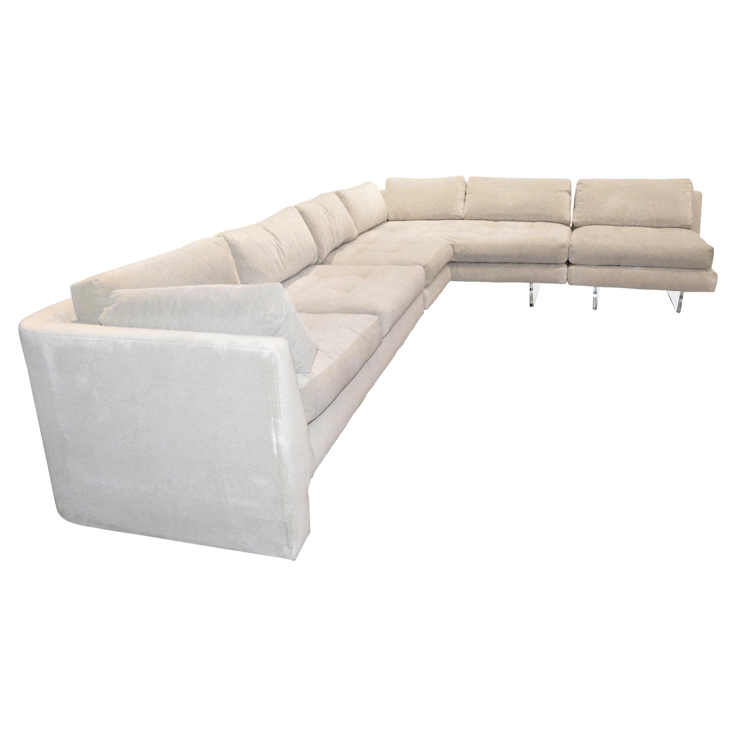 Kagan Ivory or Gray Flannel Button Tufted Three Section Omnibus Sectional Sofa For Sale