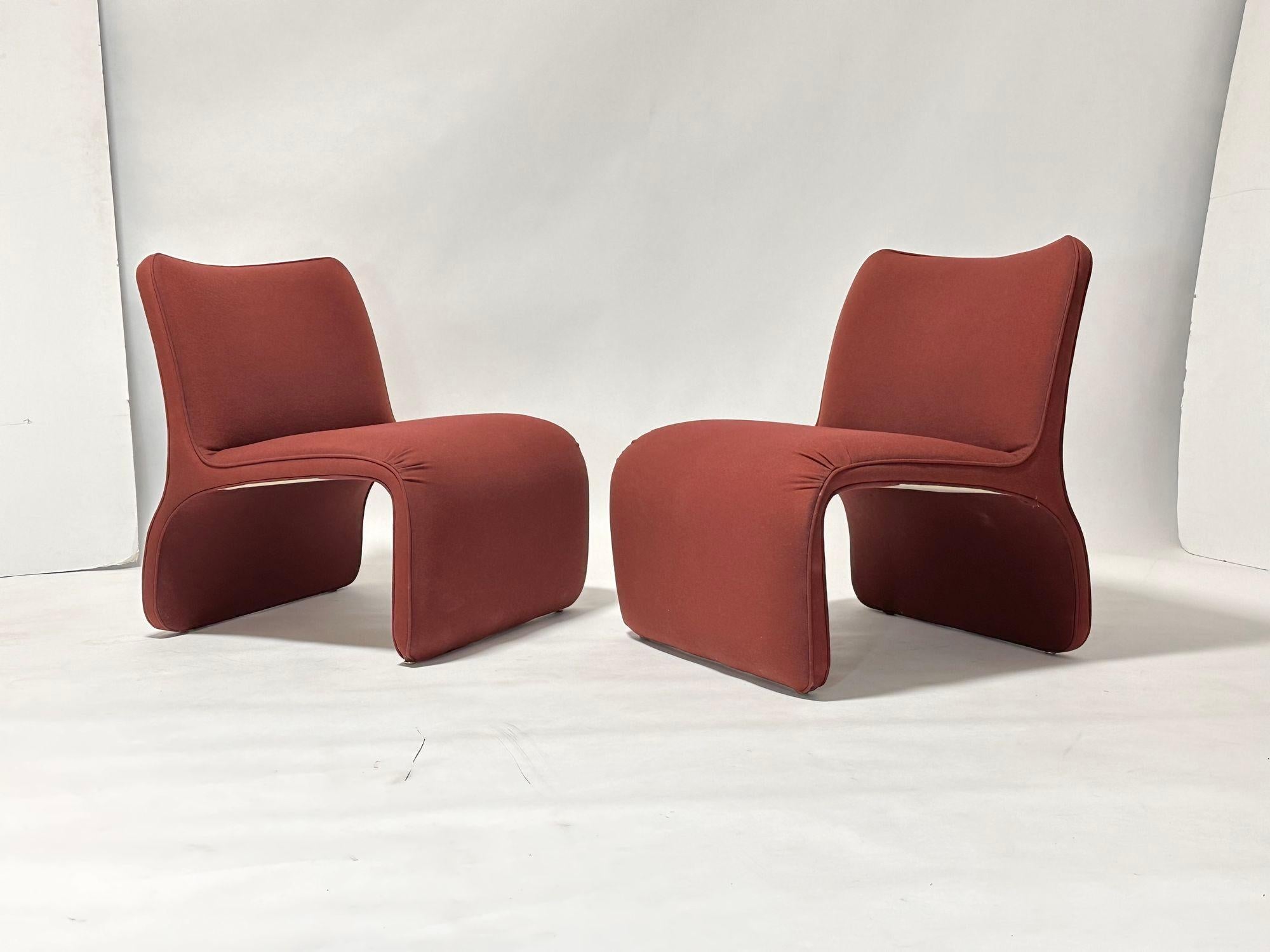 Pair sculptural slipper lounge chairs for Preview, 1990. Original upholstery.