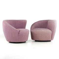 Vladimir Kagan Style Mid Century Nautilus Purple Swivel Lounge Chairs - Pair