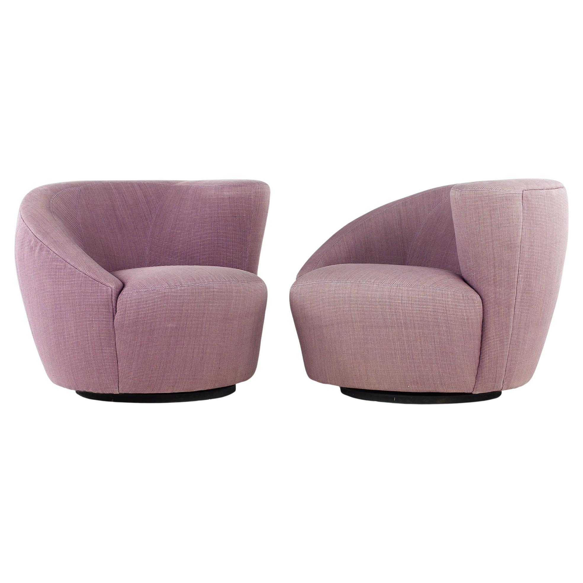 SOLD 03/26/24 Kagan Style Midcentury Nautilus Purple Swivel Lounge Chairs, Pair
