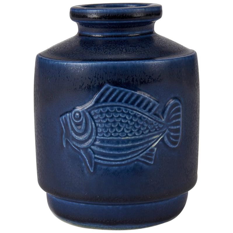 Kage Verk Stad Gustavsberg Blue Glazed Fish Vase, circa 1950 For Sale