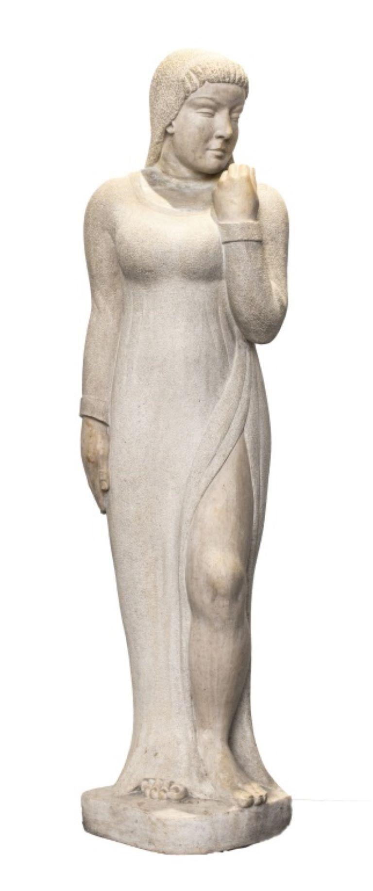 Kahan signed modernist carved stone sculpture of a standing woman in a dress. Provenance: Property from a 983 Park Avenue estate.
