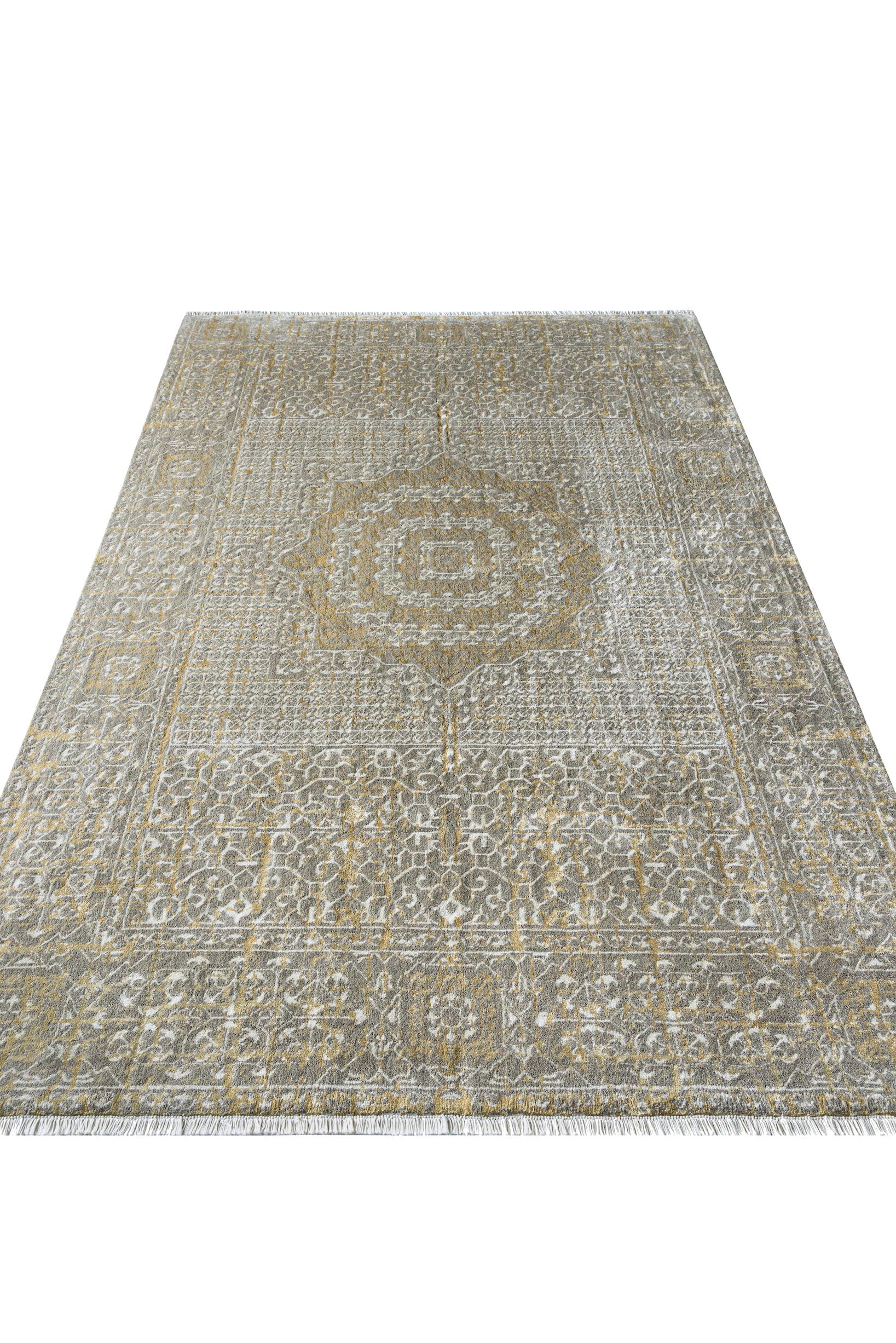 About the rug:
This is a hand-knotted rug with 160,000 knots per square meter in a double knot construction. It is made of face yarn that is Egyptian wool with bamboo silk inlays, and the warp and weft are 100% Egyptian cotton. The pile height is