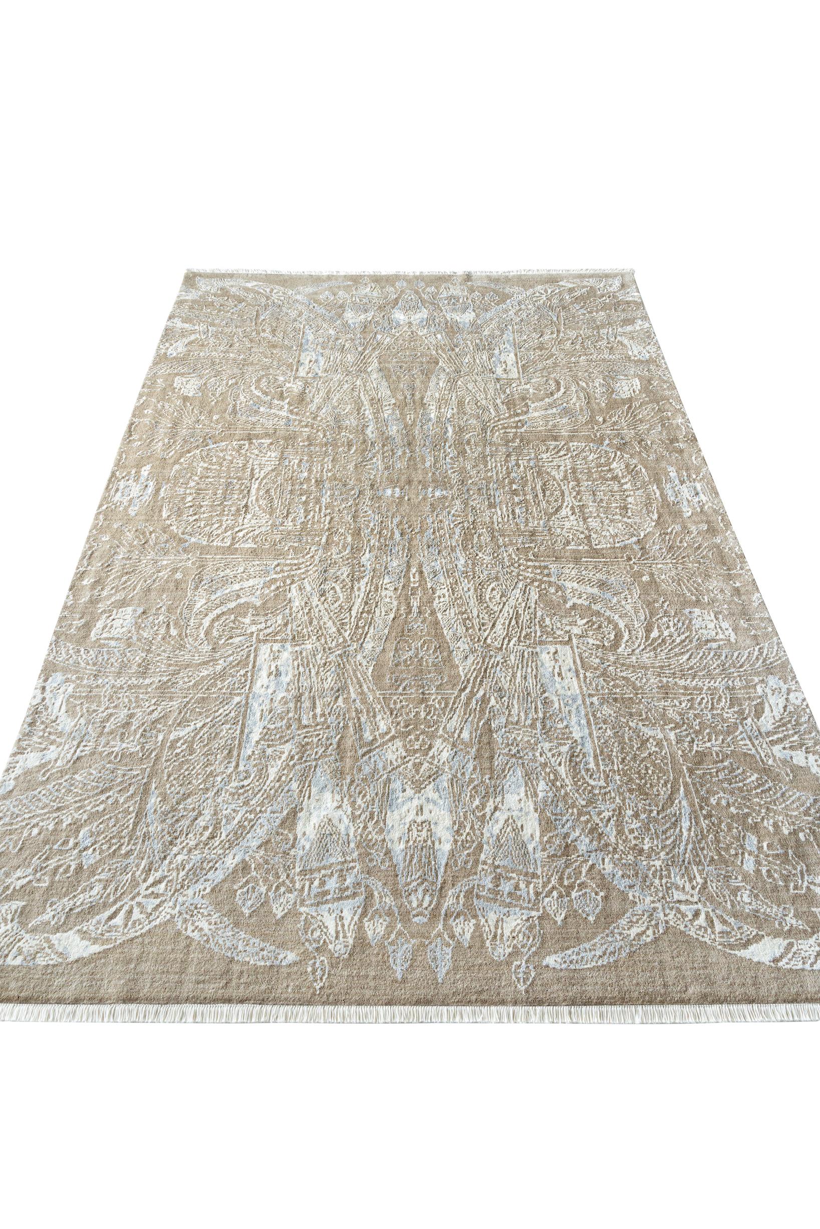 About the rug:
This is a hand-knotted rug with 160,000 knots per square meter in a double knot construction. It is made of face yarn that is Egyptian wool with bamboo silk inlays, and the warp and weft are 100% Egyptian cotton. The pile height is