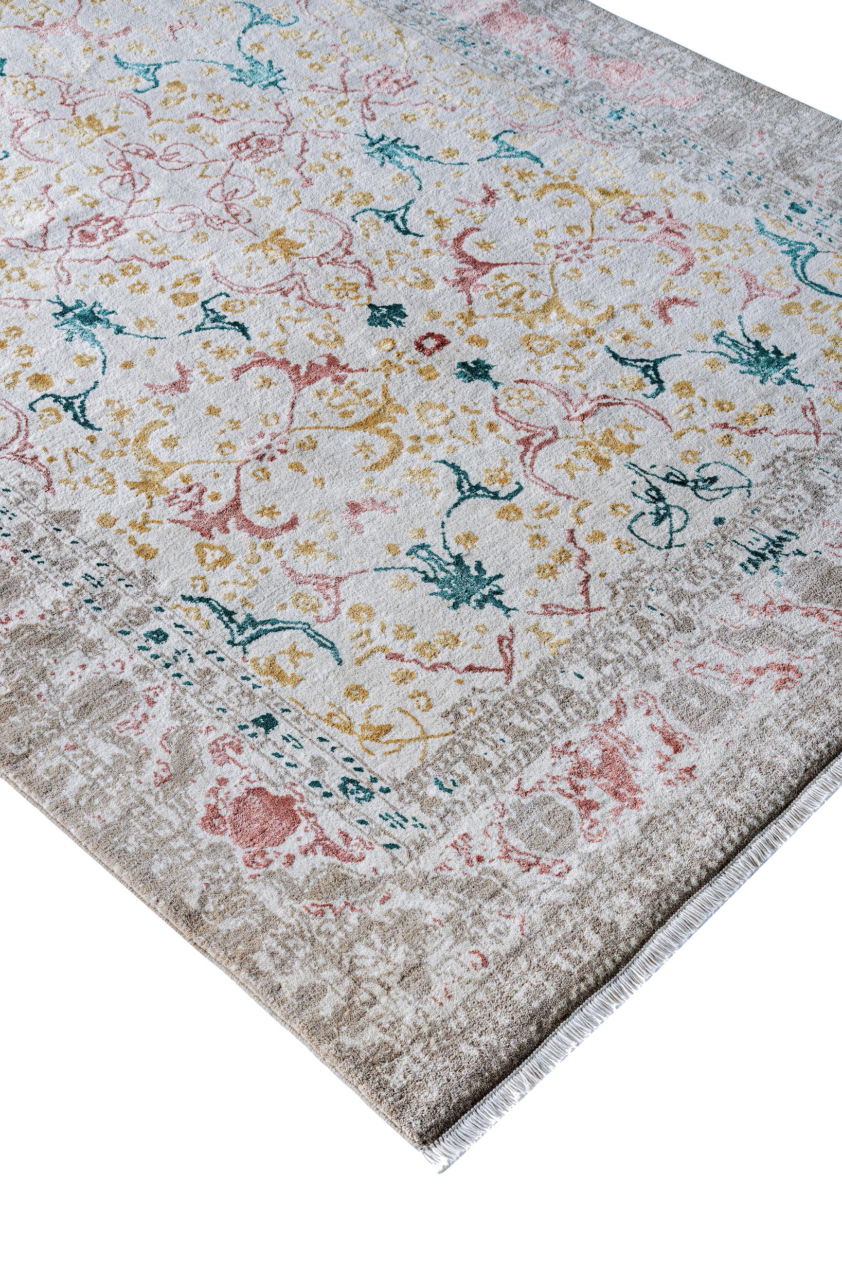 About the rug:
This is a hand-knotted rug with 160,000 knots per square meter in a double knot construction. It is made of face yarn that is Egyptian wool with bamboo silk inlays, and the warp and weft are 100% Egyptian cotton. The pile height is