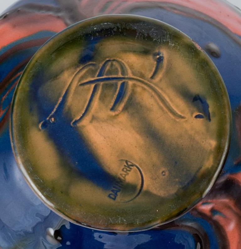 Kähler ceramic vase in cow horn technique. Glaze in blue and orange tones. In Excellent Condition For Sale In Copenhagen, DK