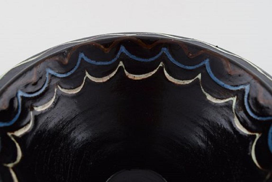 Danish Kähler, Denmark, Bowl in Black Glazed Ceramics with Blue and White Waves For Sale