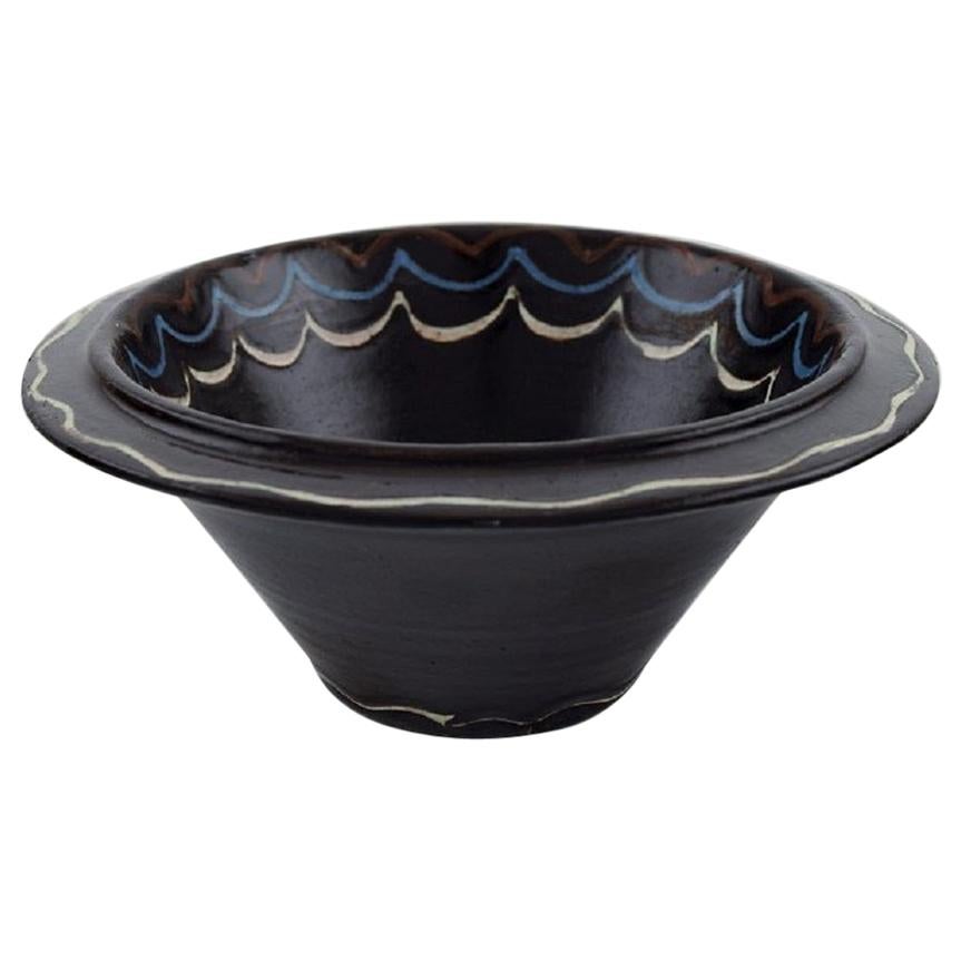 Kähler, Denmark, Bowl in Black Glazed Ceramics with Blue and White Waves For Sale