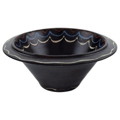 Kähler, Denmark, Bowl in Black Glazed Ceramics with Blue and White Waves
