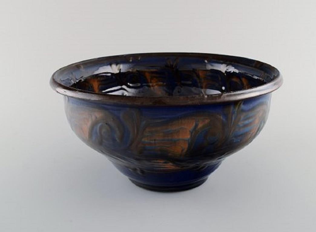 Art Deco Kähler, Denmark, Bowl in Glazed Stoneware, Orange Foliage on Blue Background For Sale