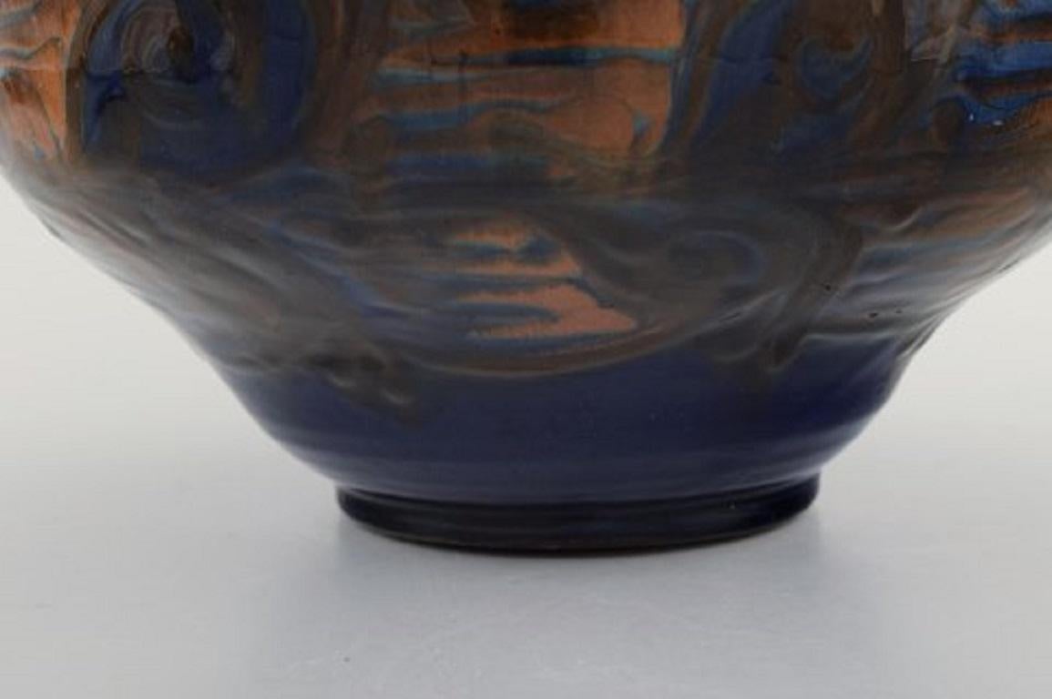 Mid-20th Century Kähler, Denmark, Bowl in Glazed Stoneware, Orange Foliage on Blue Background For Sale