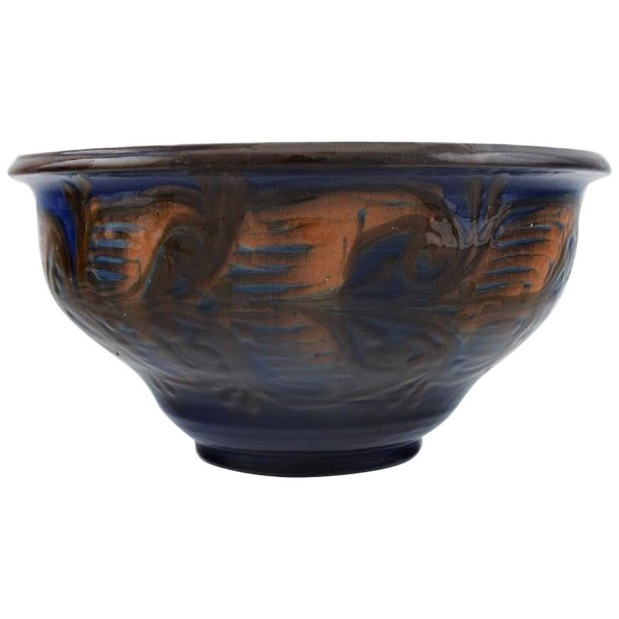 Kähler, Denmark, Bowl in Glazed Stoneware, Orange Foliage on Blue Background For Sale