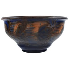 Vintage Kähler, Denmark, Bowl in Glazed Stoneware, Orange Foliage on Blue Background